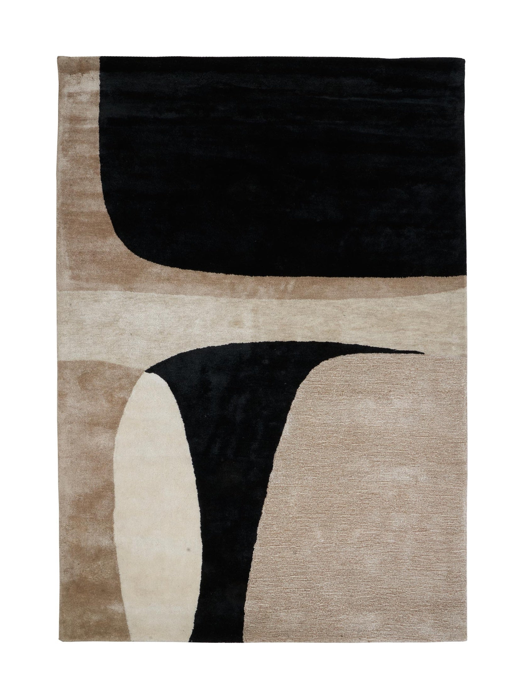 Tapis rectangulaire avec motif abstrait en noir, beige et blanc, pour une ambiance moderne