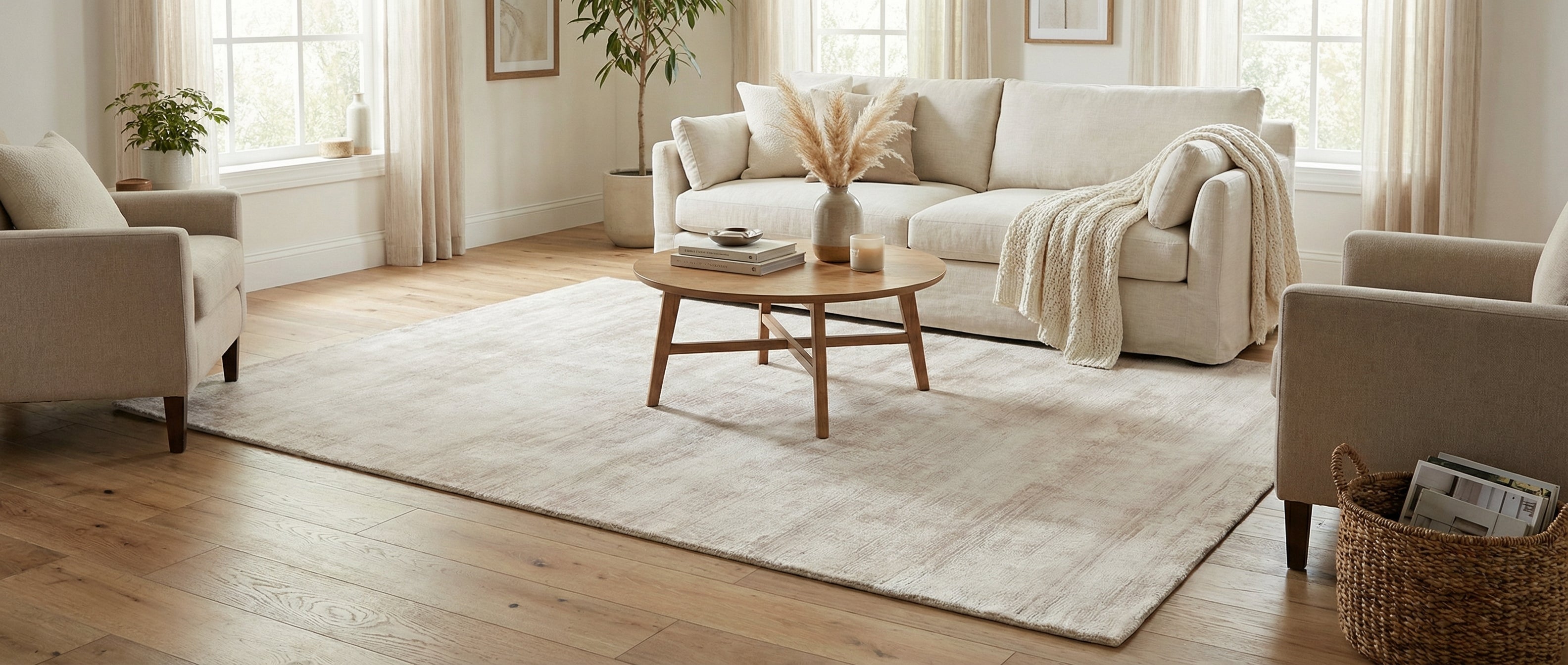 Tapis rectangulaire gris et argenté. La pièce est transformée. Harmonie créée grâce aux couleurs neutres. Ambiance