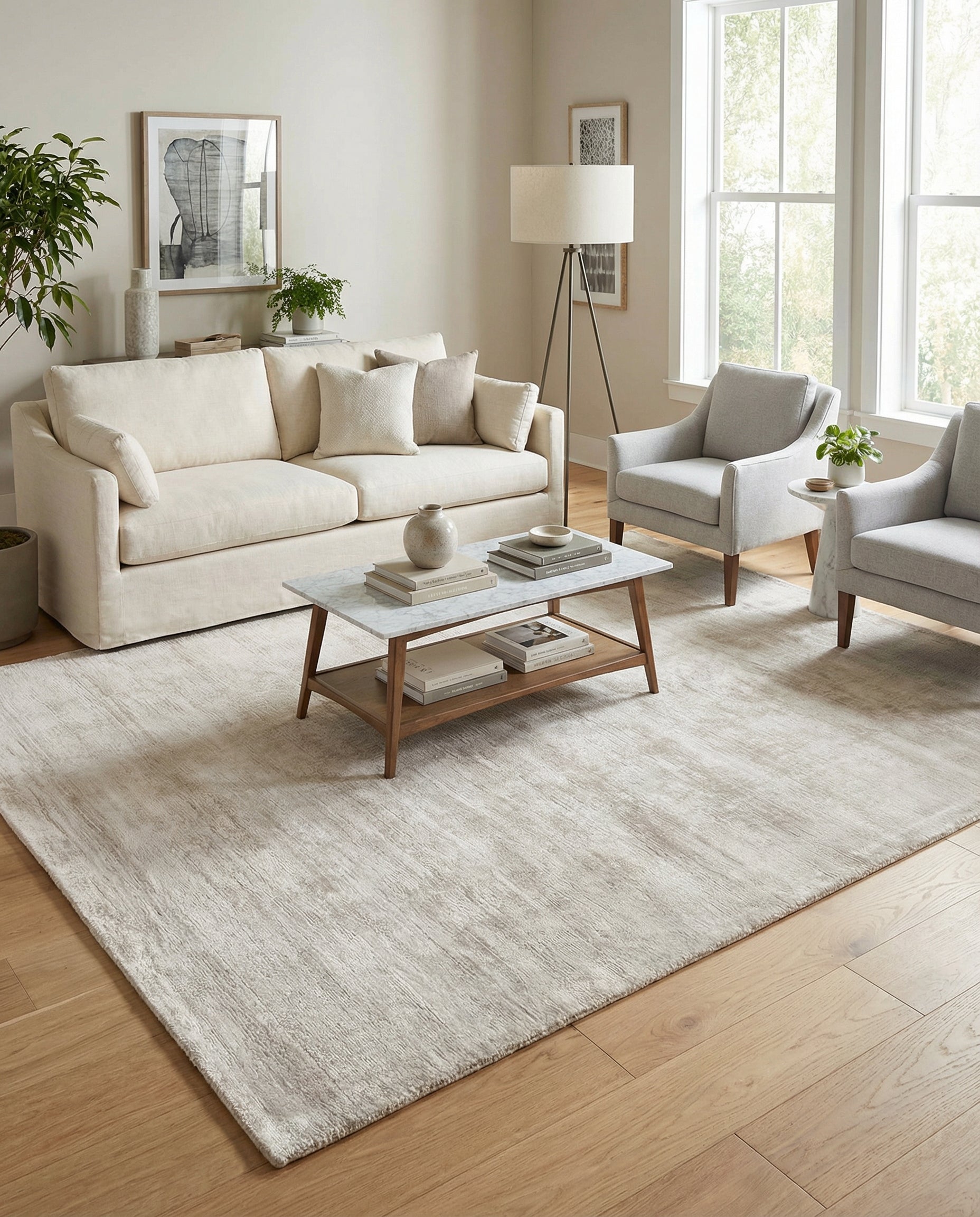 Tapis rectangulaire gris argenté. Ambiance chaleureuse dans cette pièce. Le tapis adoucit l'espace