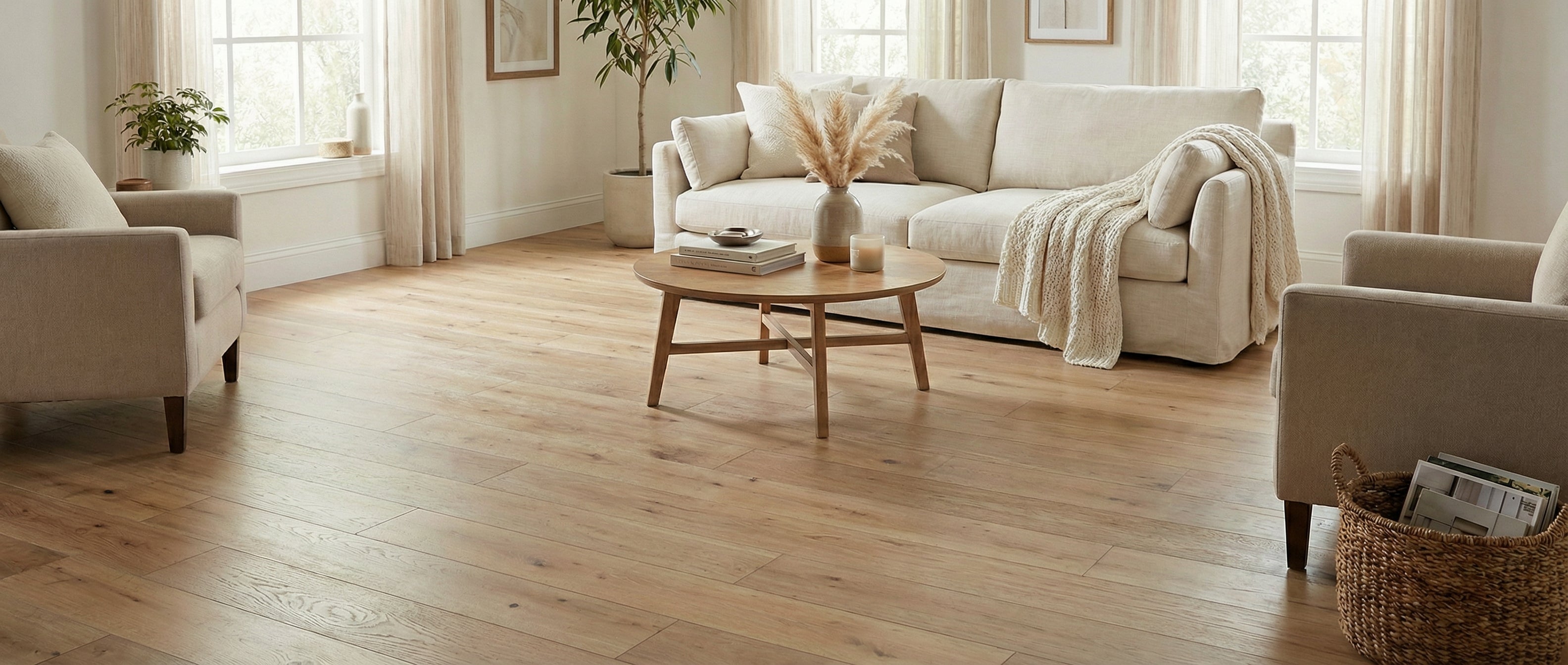 Pièce lumineuse avec plancher en bois clair. Canapé, fauteuils beiges. Table ronde, décoration minimaliste. Espace vide,