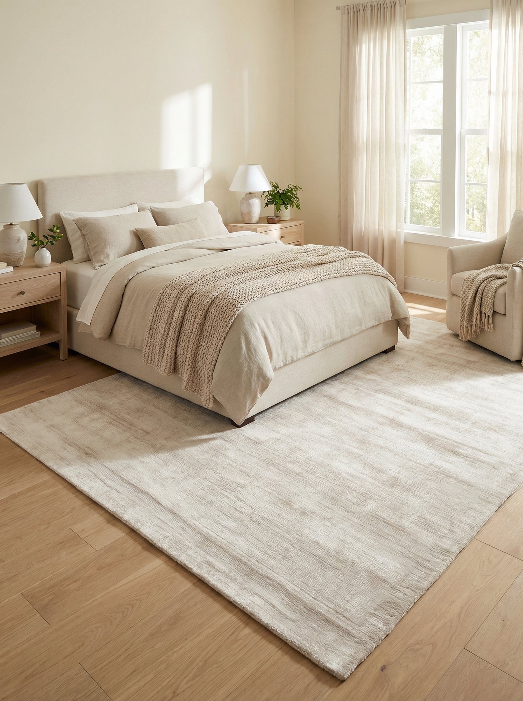 Tapis rectangulaire clair dans une chambre harmonieuse. Ambiance douce, couleurs neutres. Style épuré