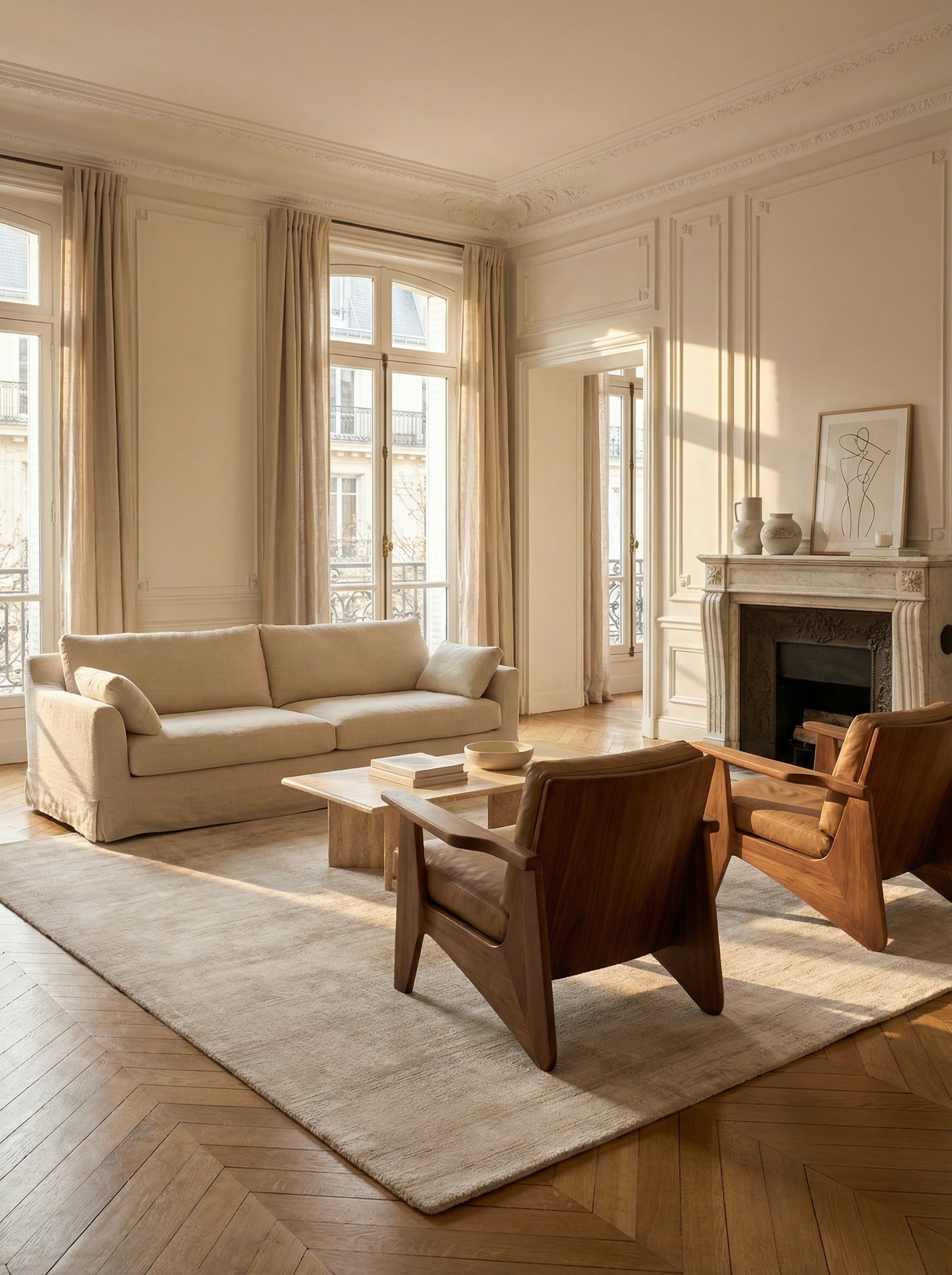 Tapis rectangulaire gris clair dans un salon classique. Élégance et style se marient dans cette pièce