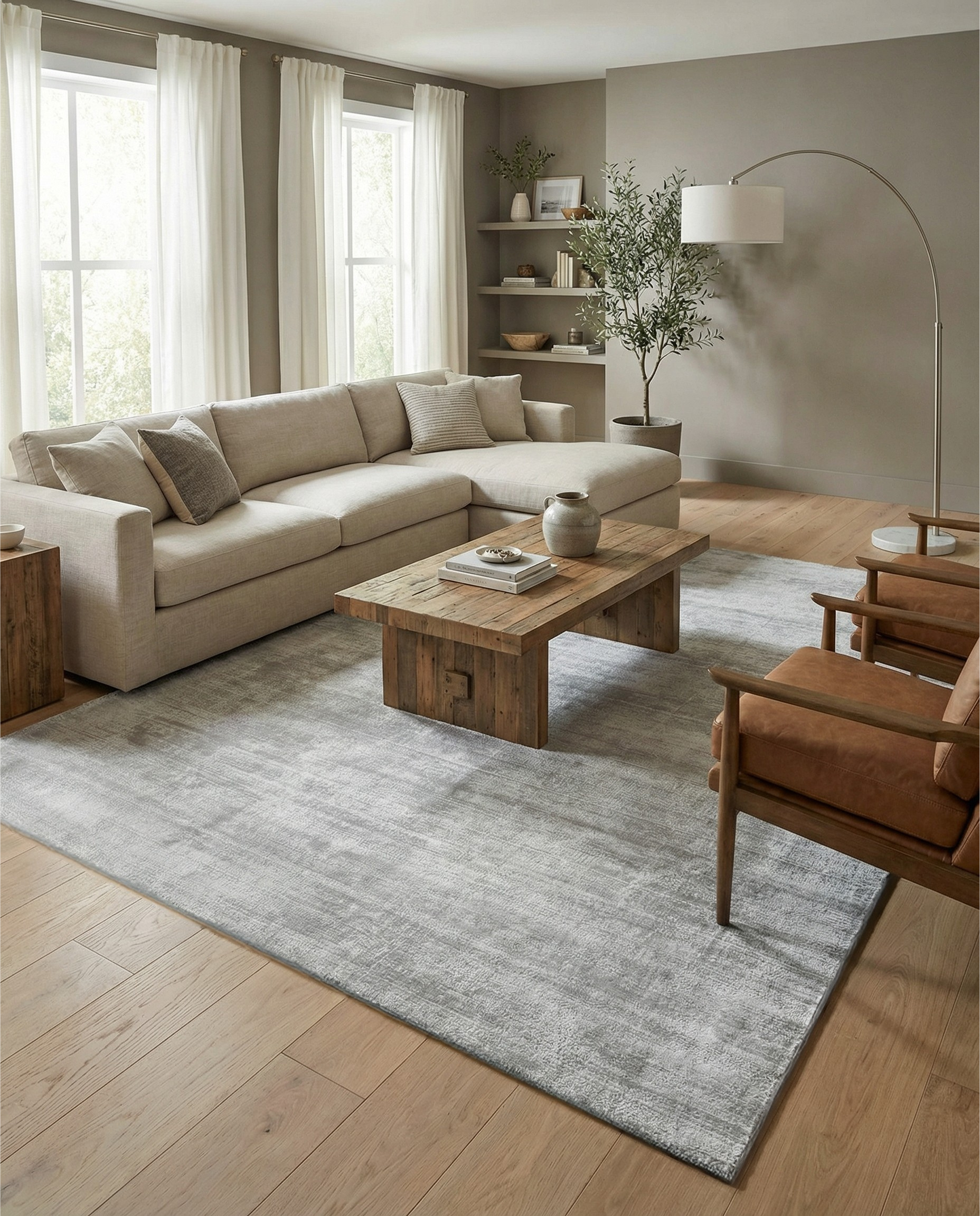 Tapis rectangulaire gris clair. Il adoucit la pièce et ajoute une ambiance chaleureuse