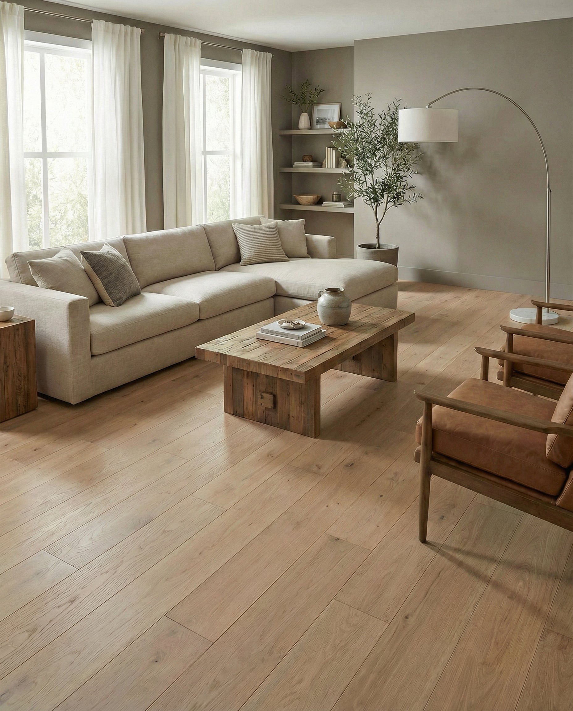 Pièce avec parquet clair, canapé, fauteuils et table basse en bois. Ambiance chaleureuse, couleurs neutres. Espace à