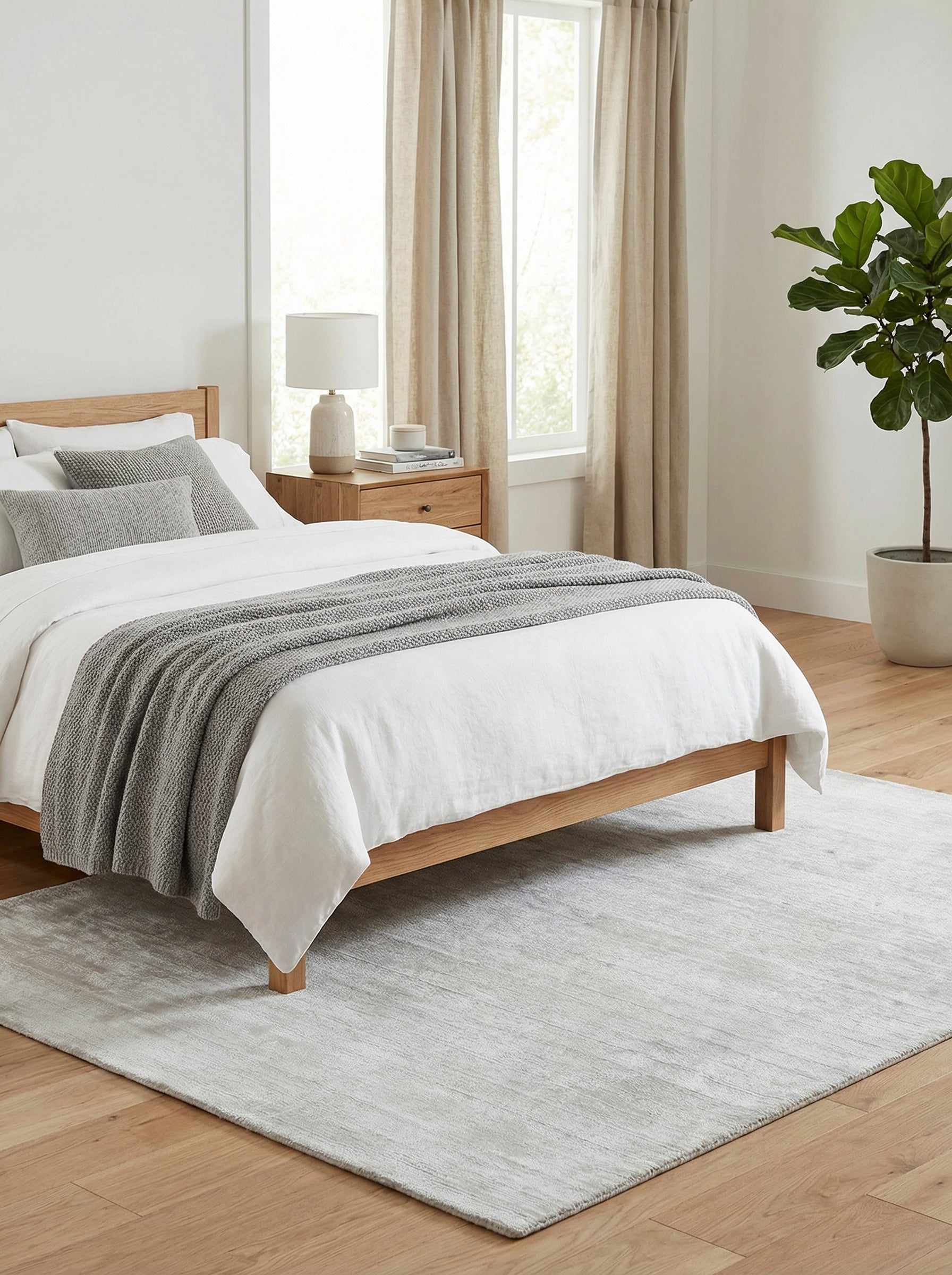 Tapis rectangulaire gris clair, harmonie dans la chambre. Ambiance zen, style épuré. Le tapis s'accorde avec le bois clair