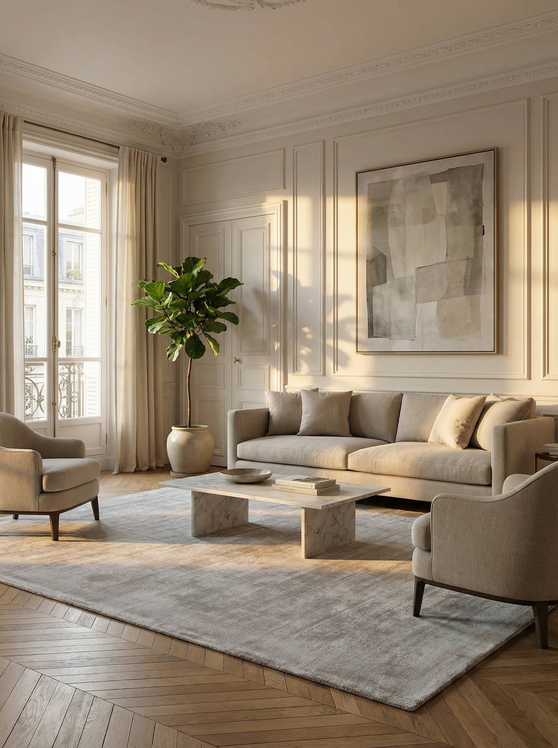 Tapis rectangulaire gris perle dans un salon élégant. Ambiance classique, style épuré