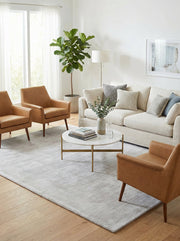 Tapis rectangulaire gris clair dans un salon contemporain au design épuré, ambiance moderne