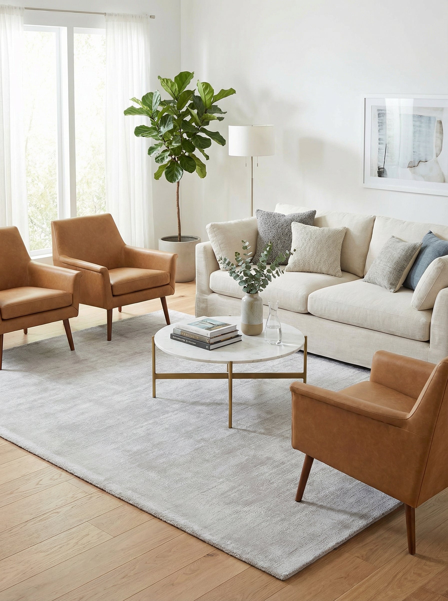 Tapis rectangulaire gris clair dans un salon contemporain au design épuré, ambiance moderne