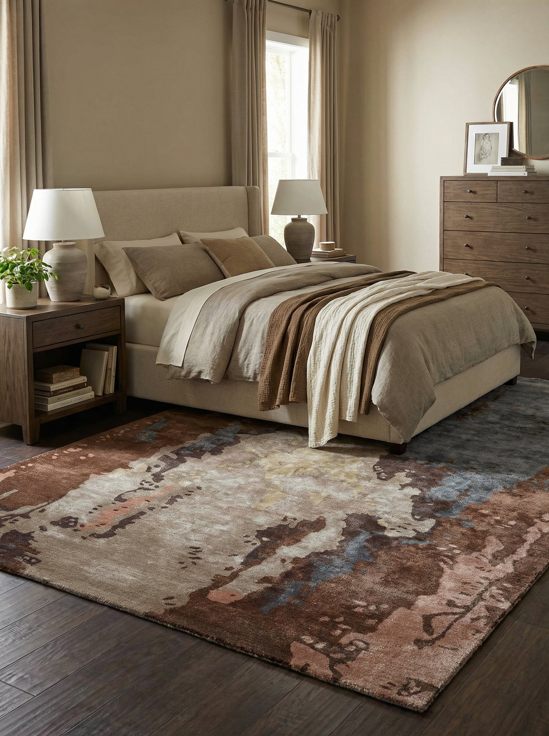 Tapis rectangulaire aux tons ambre, créant une harmonie dans cette chambre. Style contemporain, ambiance chaleureuse