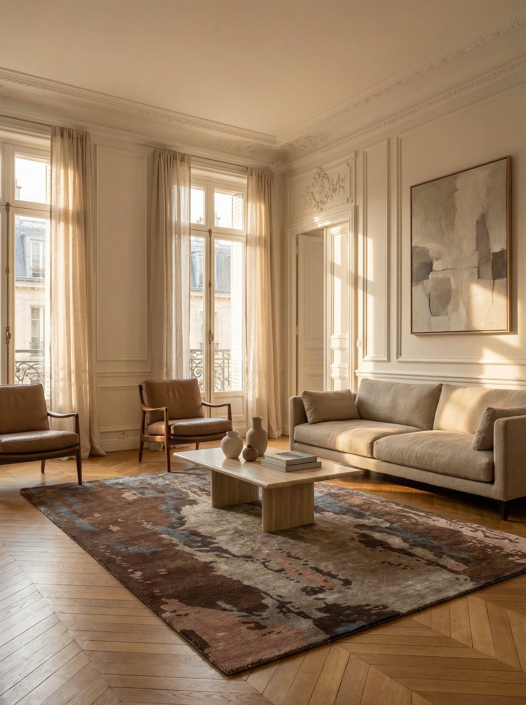 Tapis rectangulaire aux tons naturels dans un salon élégant. Ambiance classique, style intemporel