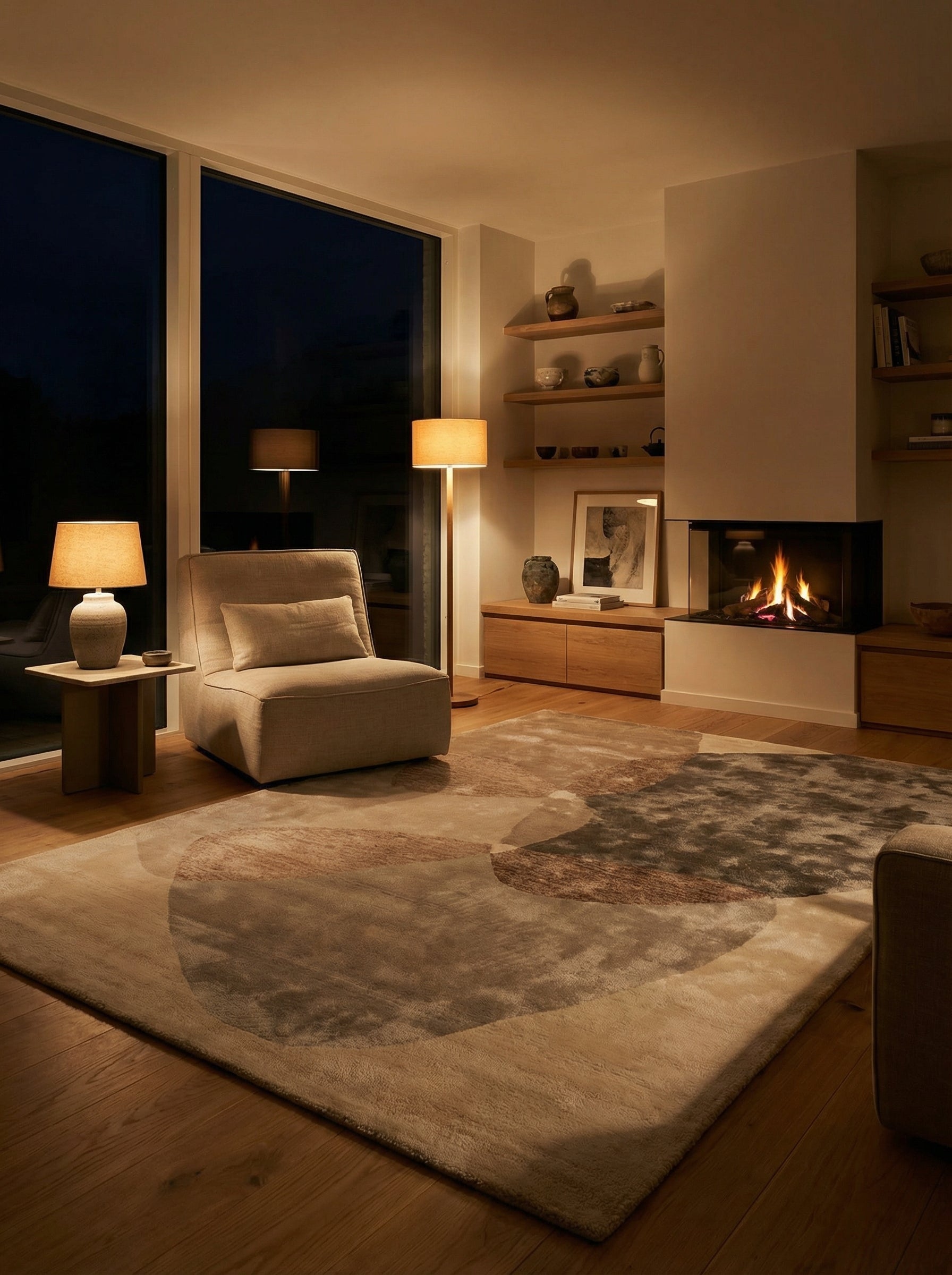 Tapis rectangulaire beige et gris dans une pièce éclairée d'une lumière chaude. Ambiance cosy