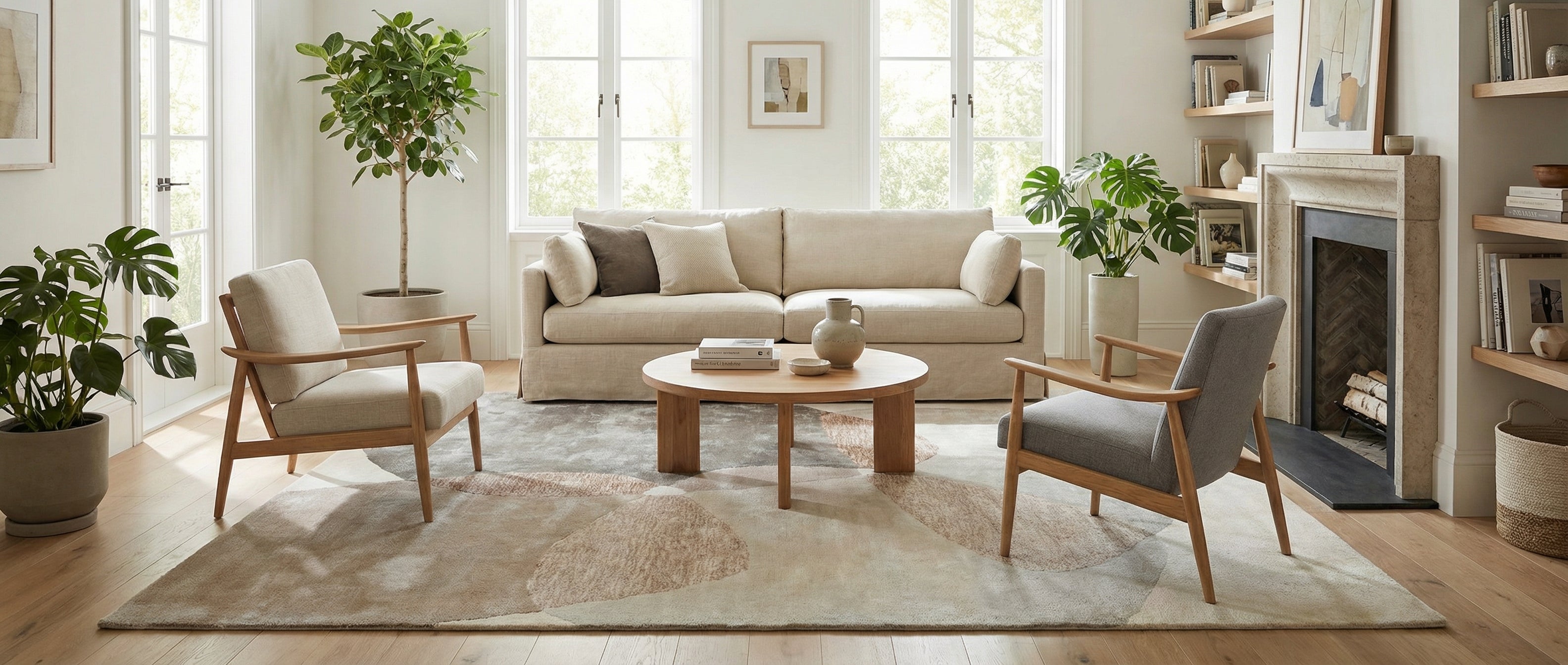 Le tapis rectangulaire beige et gris transforme la pièce. Il crée une harmonie avec l'ambiance naturelle
