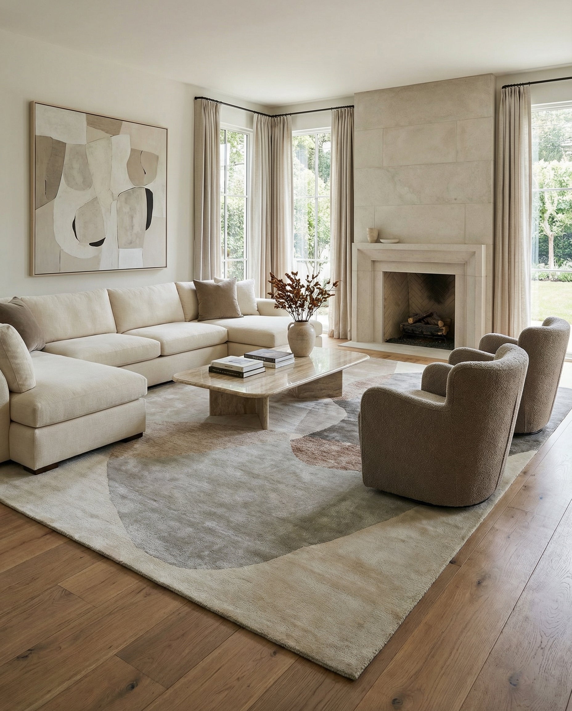 Tapis rectangulaire beige et gris, adoucissant la pièce. Ambiance chaleureuse grâce à ses couleurs neutres