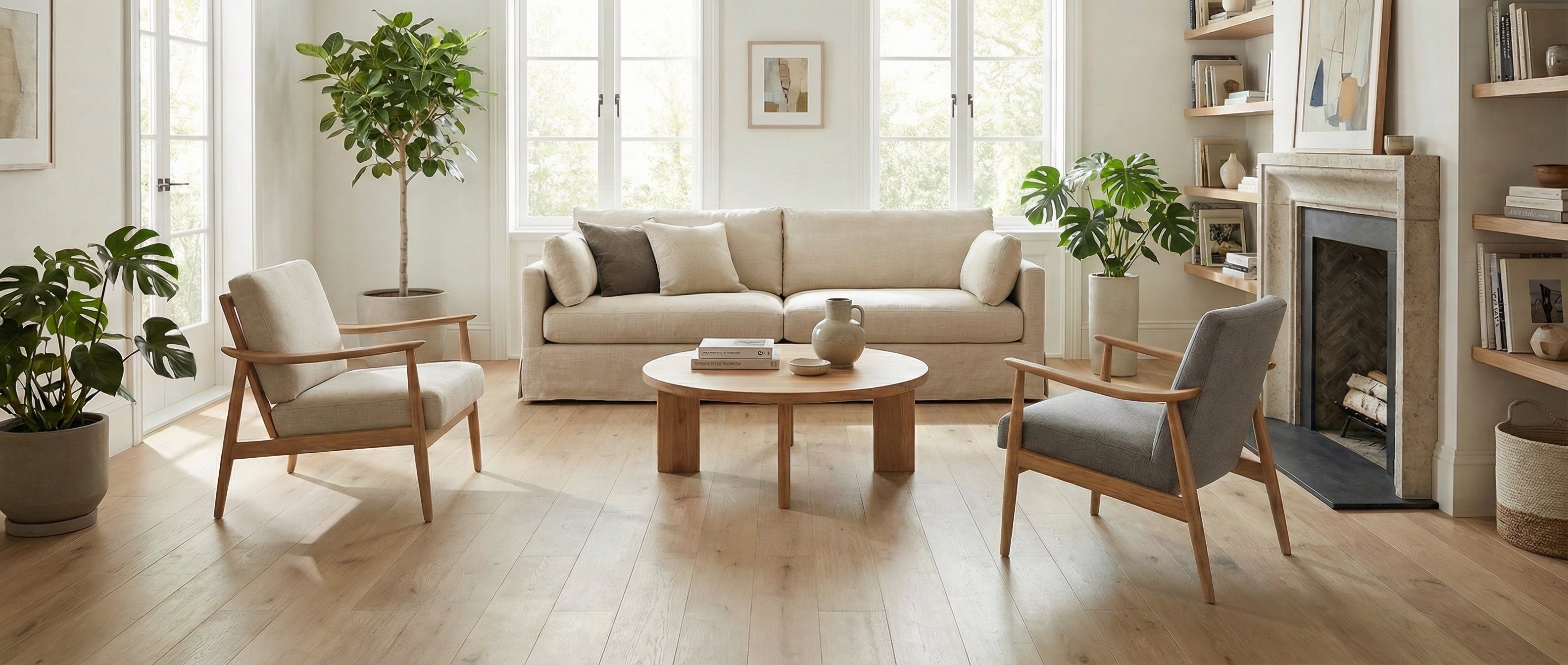 Pièce lumineuse avec parquet clair. Canapé beige, fauteuils gris et crème. Table ronde en bois. Espace vide pour un tapis