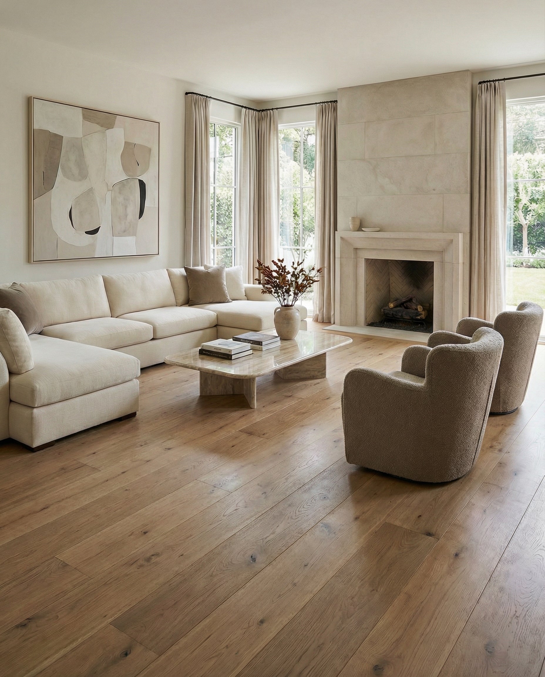Pièce lumineuse avec parquet clair, canapé, fauteuils et cheminée. Ambiance neutre, espace à transformer