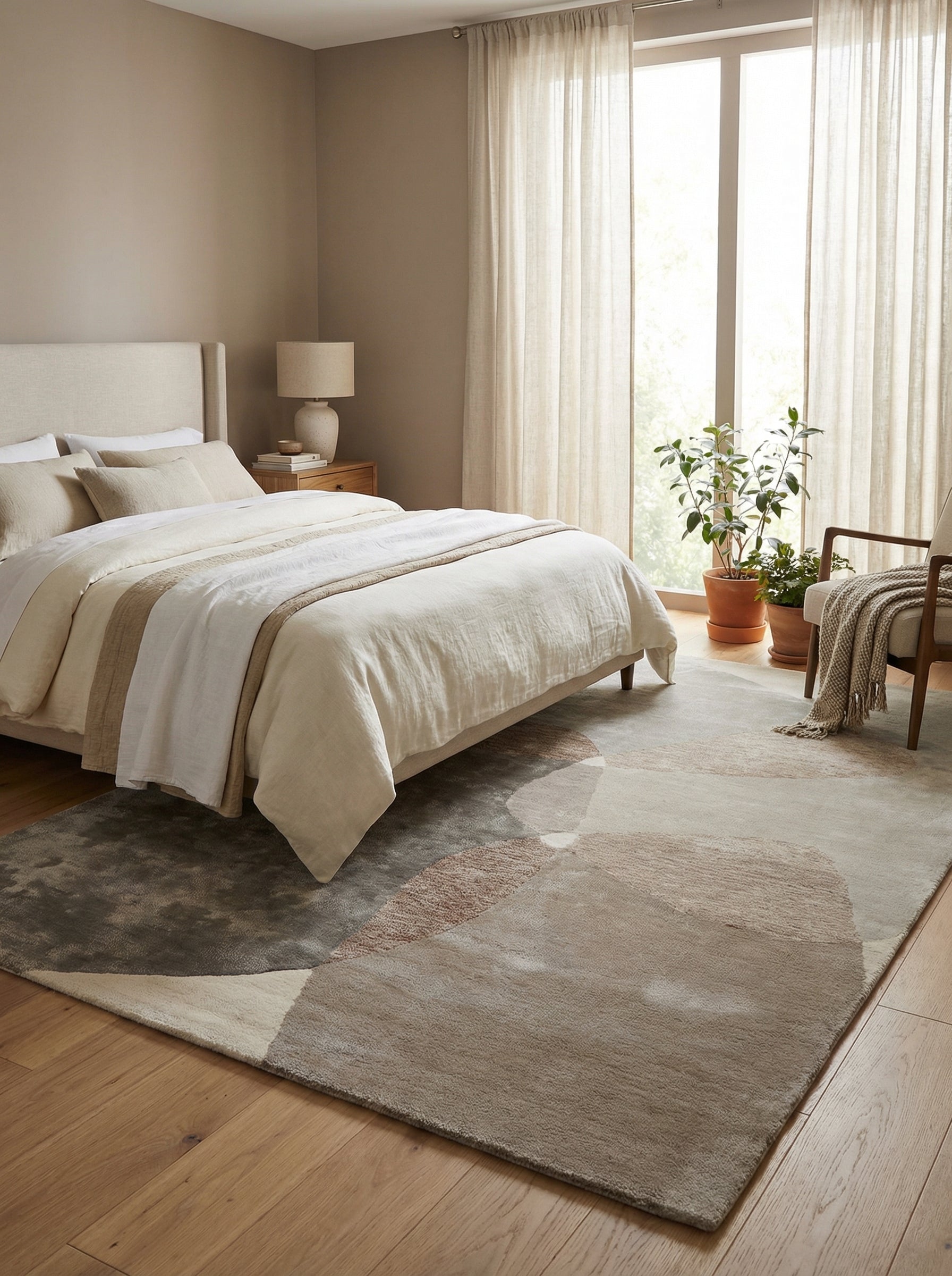 Tapis rectangulaire beige et gris dans une chambre. Harmonie et douceur, ambiance zen. Style épuré