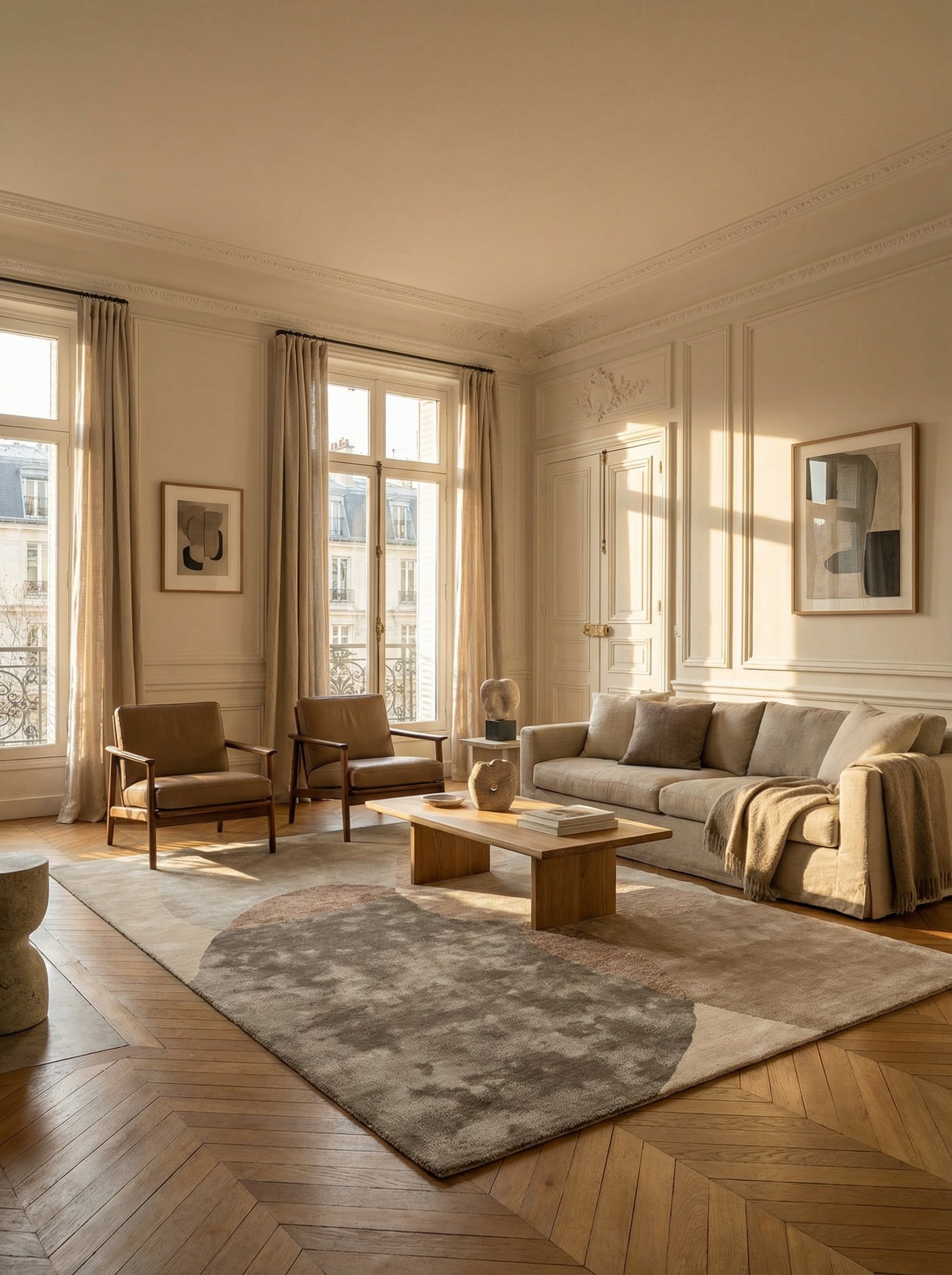 Tapis rectangulaire beige et gris dans un salon classique. Élégance et style pour une ambiance chaleureuse