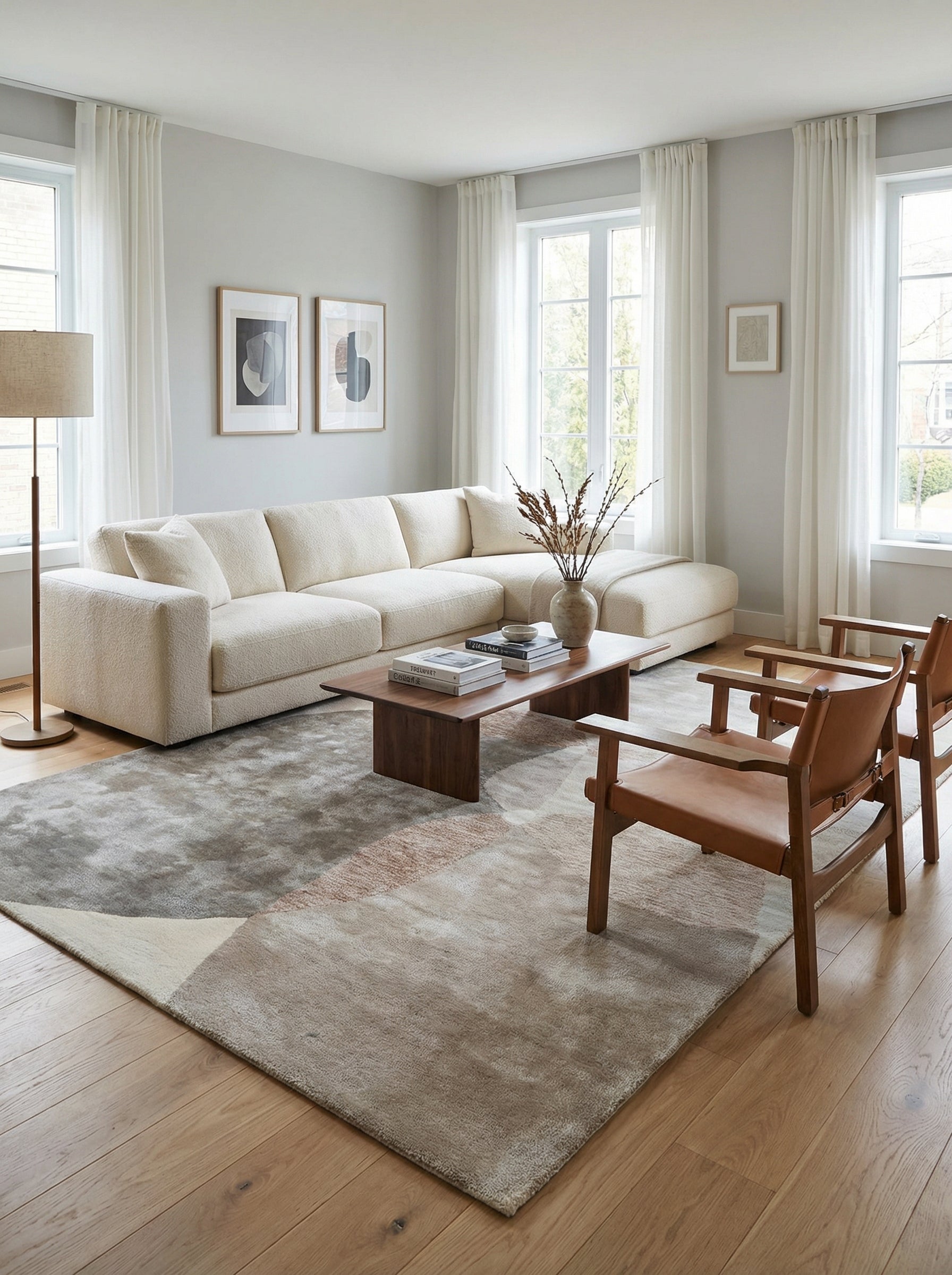 Tapis rectangulaire beige et gris, design épuré. Style contemporain dans un salon