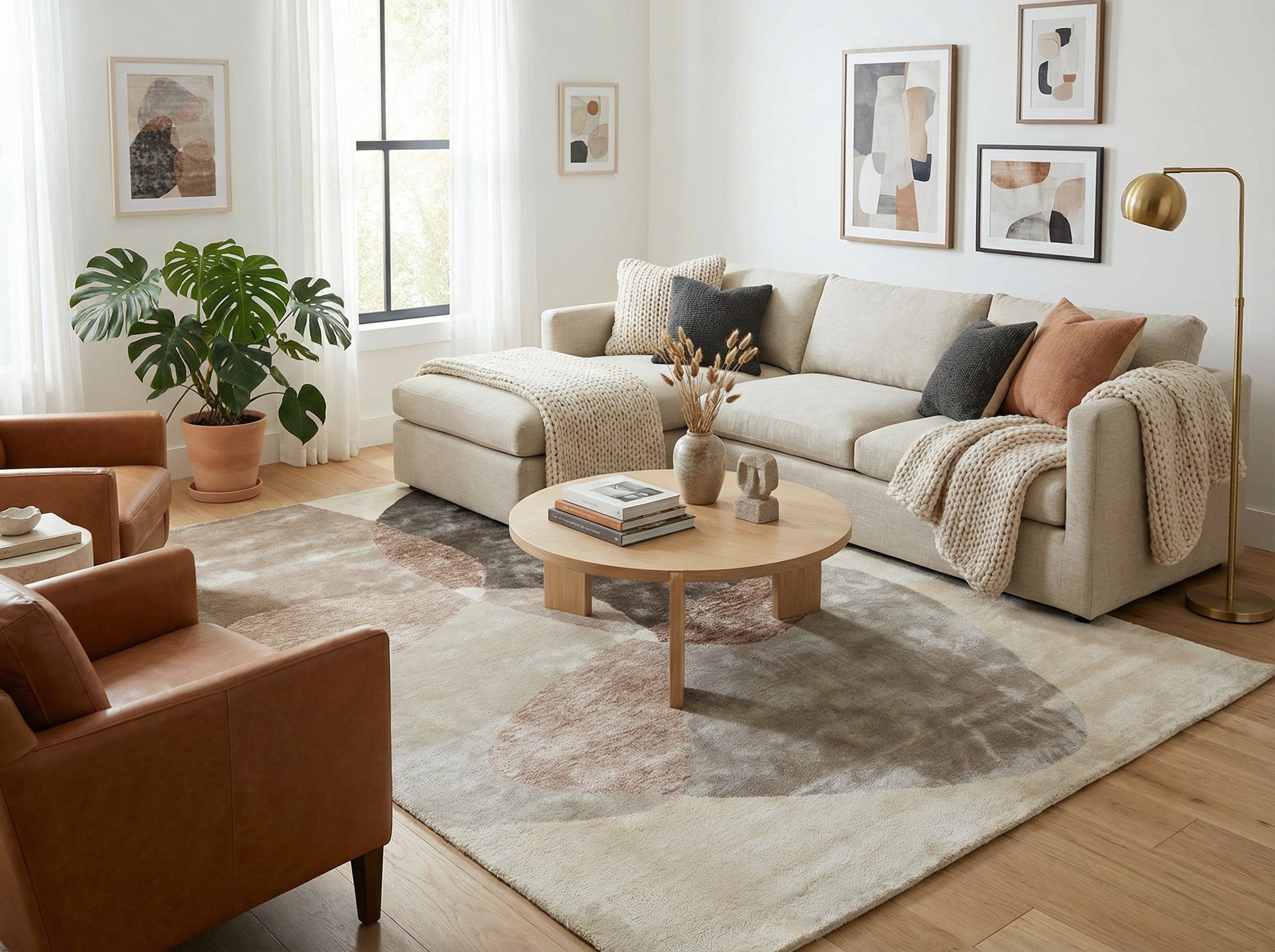 Tapis rectangulaire beige et gris, style déco épuré, ambiance chaleureuse dans le salon
