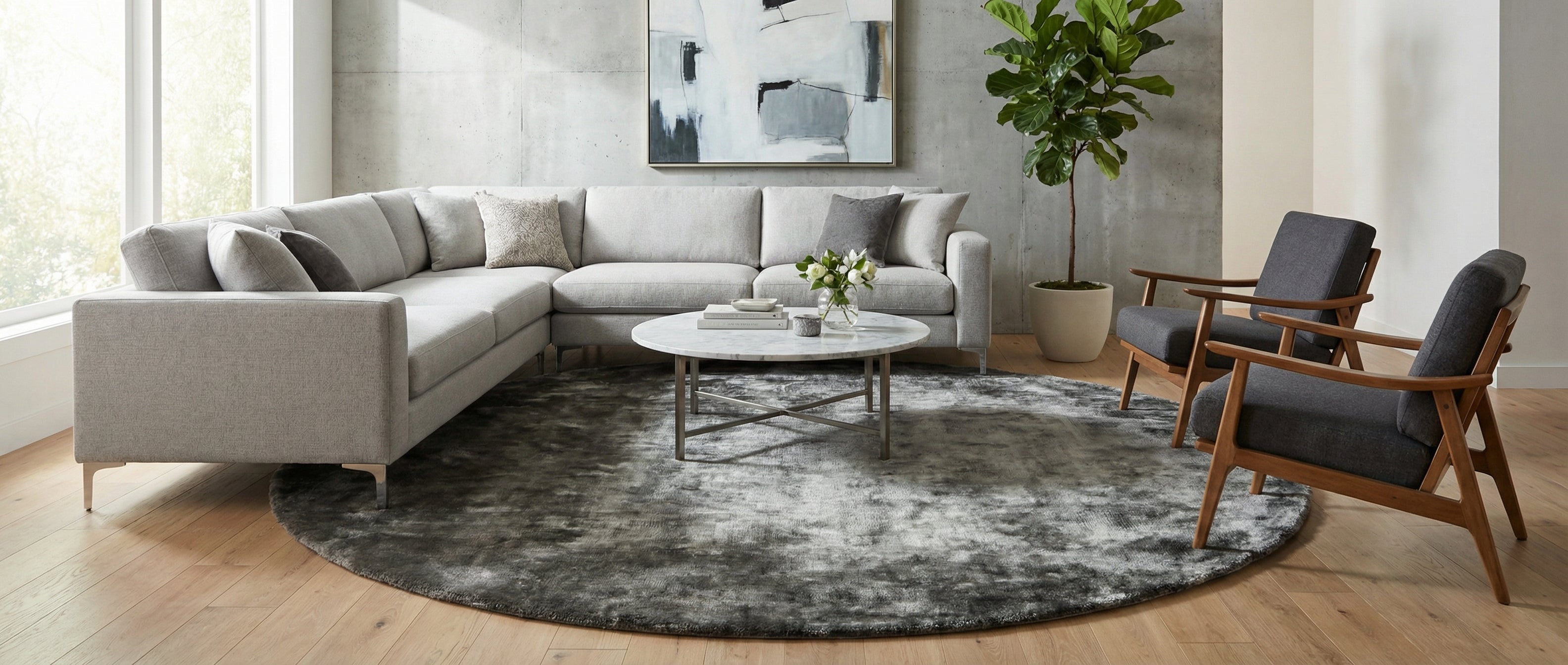 Transformation réussie de la pièce avec un tapis rond gris acier en viscose