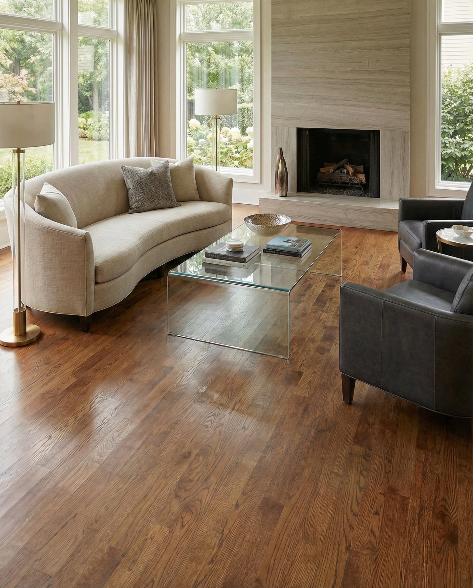 Pièce avec plancher en bois, potentiel pour un tapis rond, couleur gris acier, matière viscose