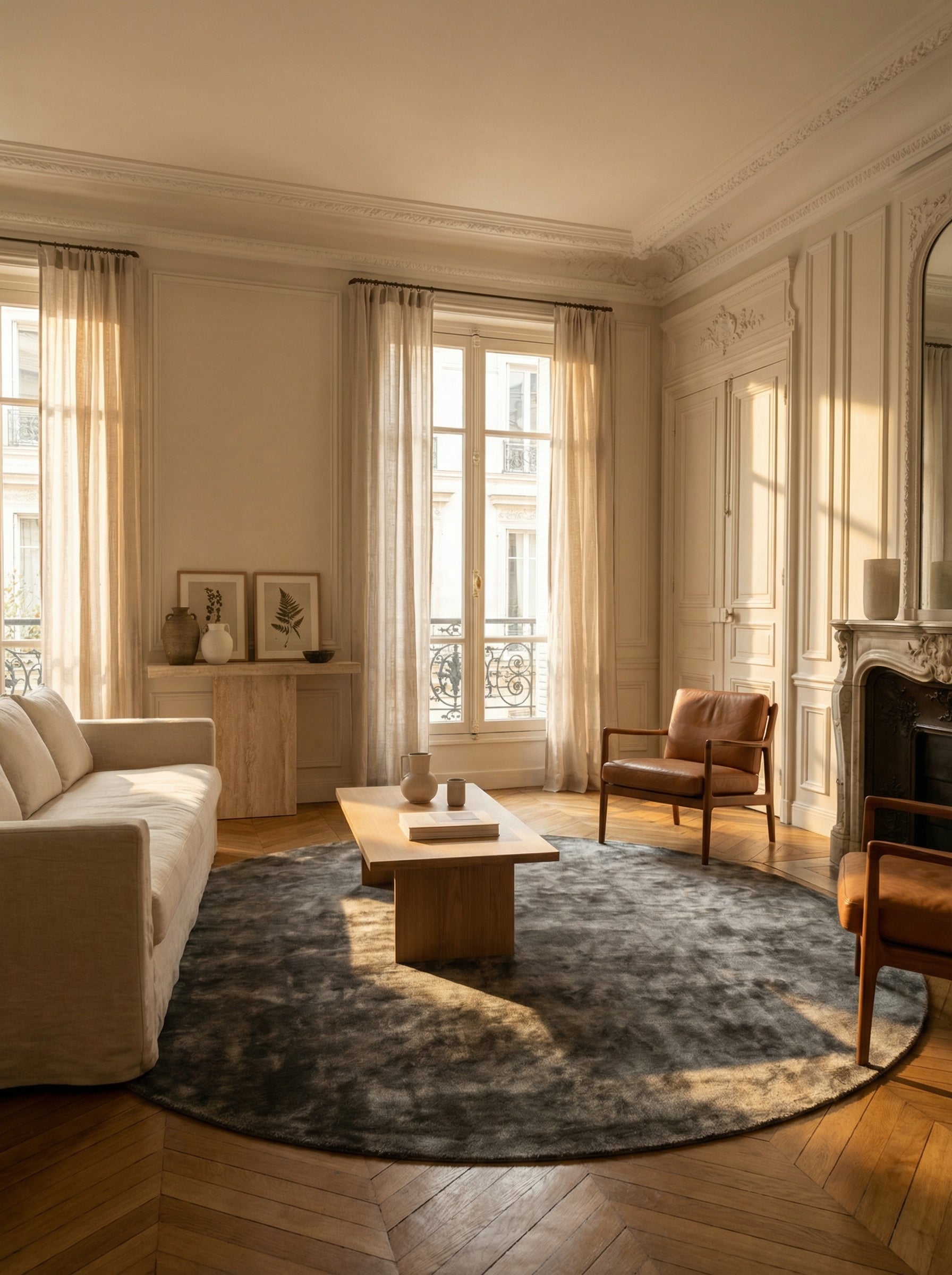 Élégance classique dans une pièce haussmannienne. Tapis rond gris acier en viscose