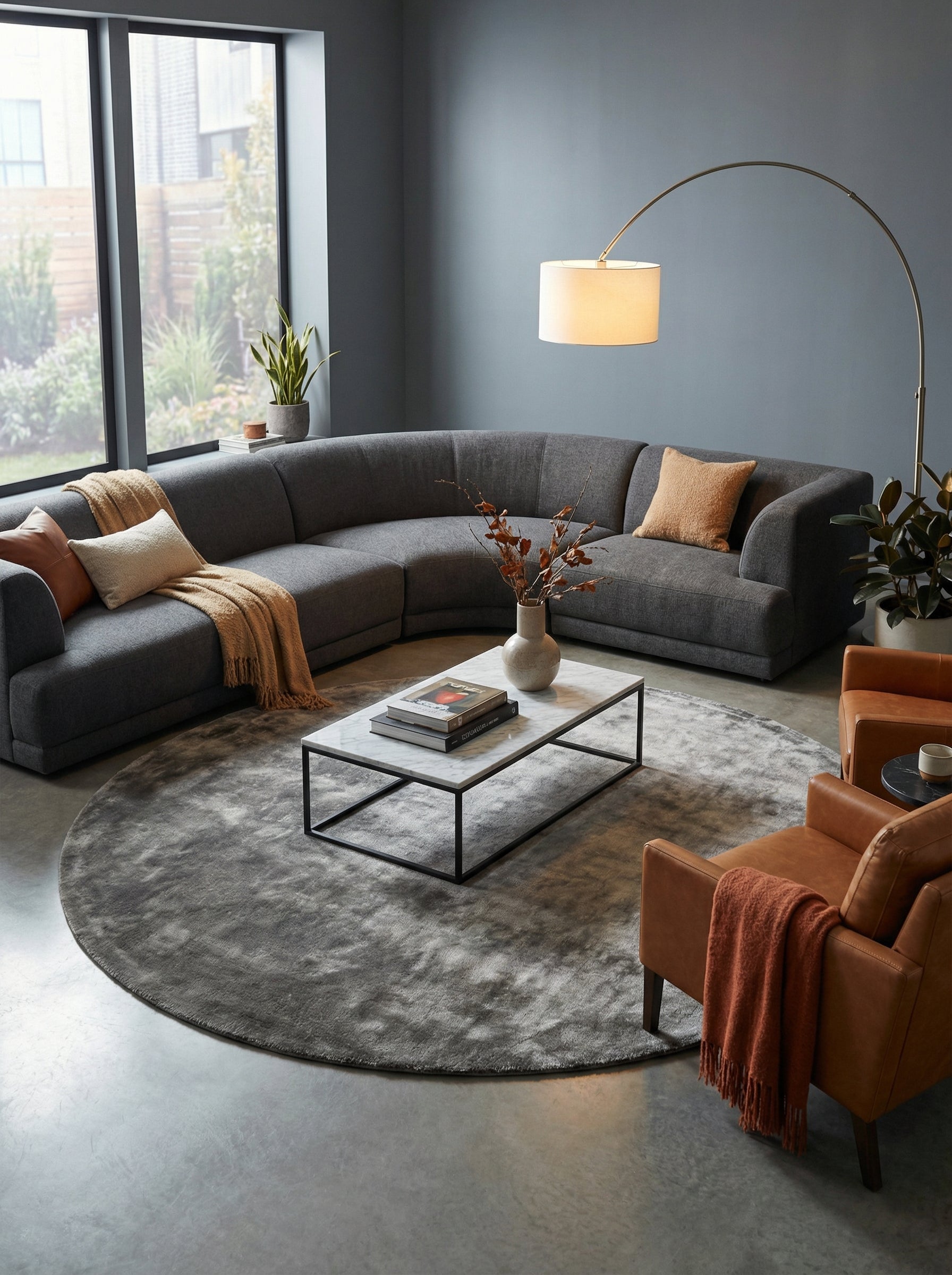 Tapis rond gris, design épuré dans une pièce moderne, harmonie des couleurs et matières