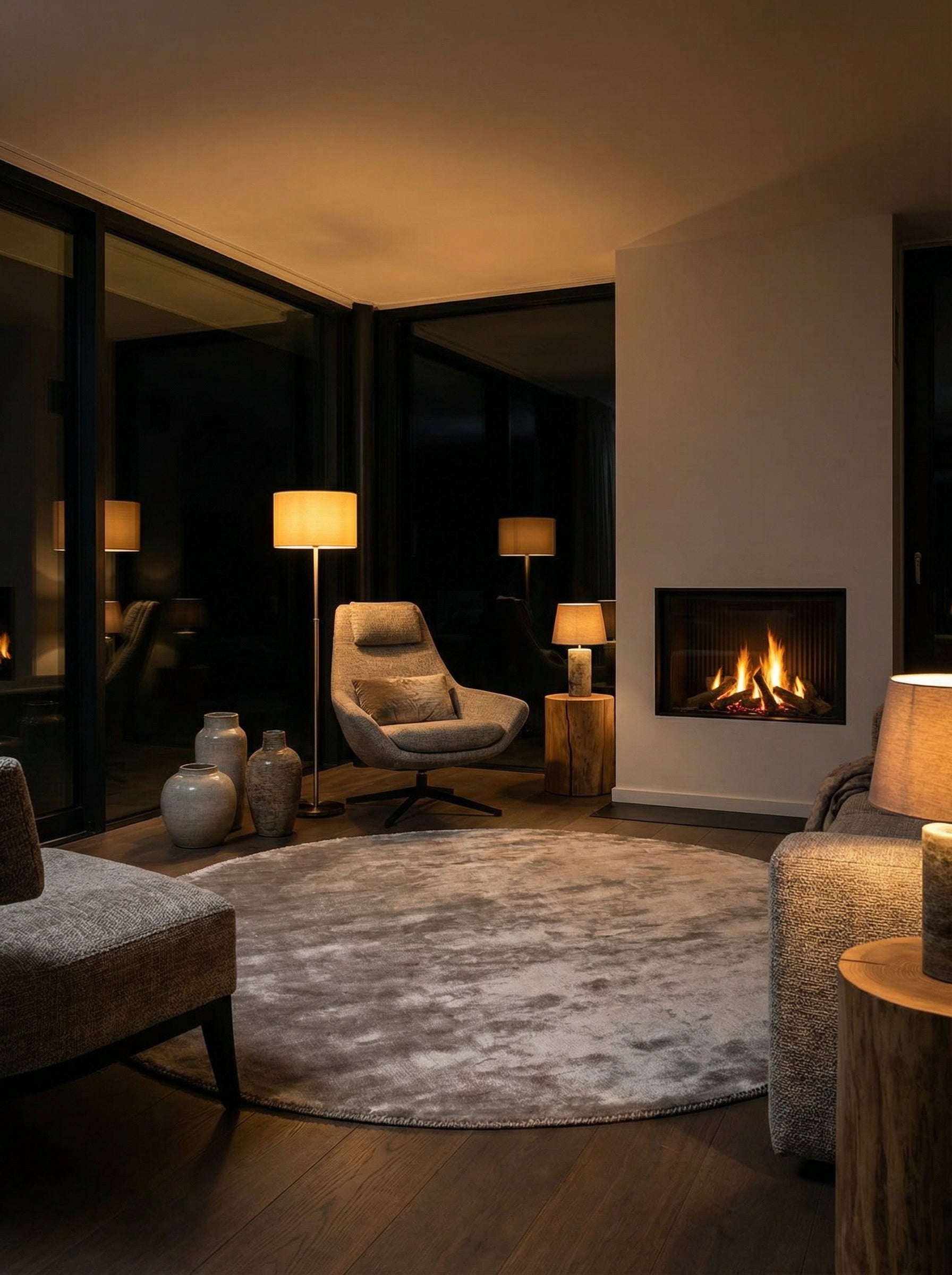 Tapis rond gris, pièce éclairée de lumière douce, ambiance chaleureuse du soir