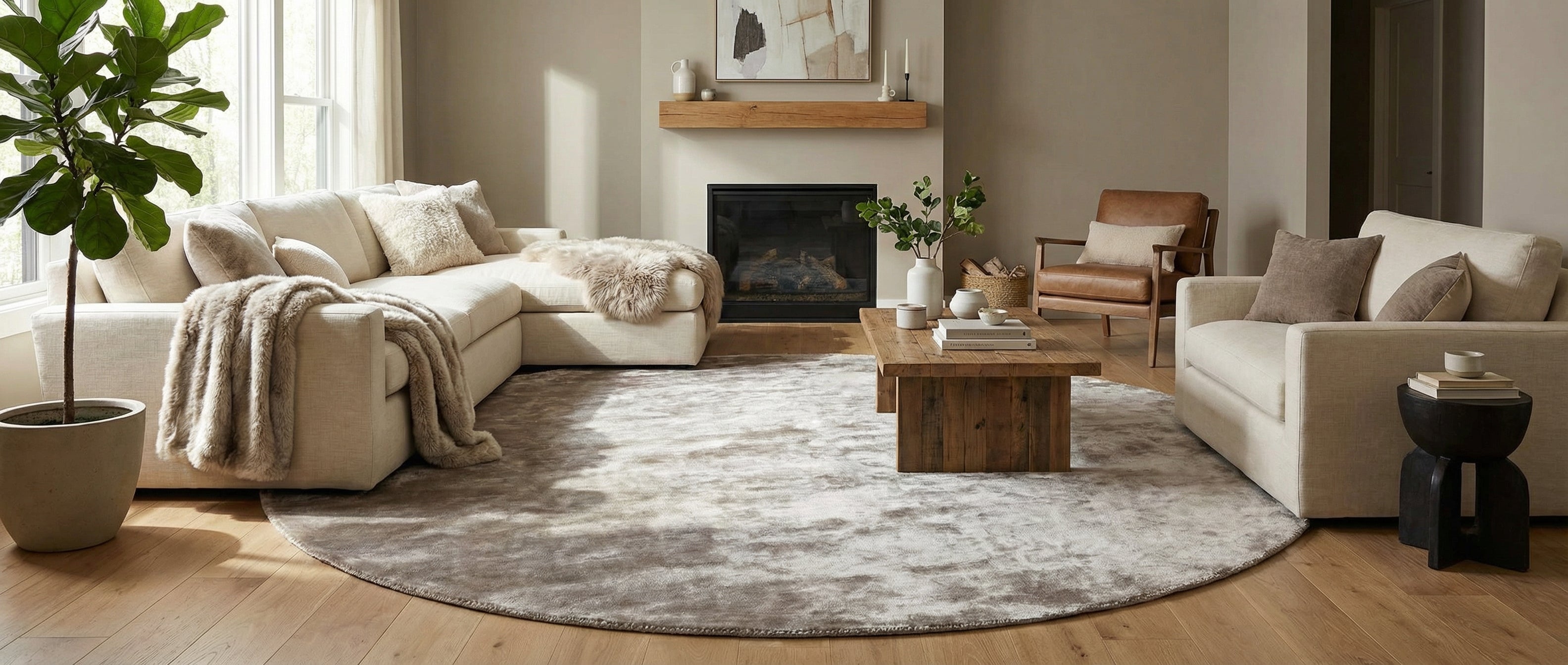 Pièce transformée avec un tapis rond gris. Le type de tapis et la couleur s'accordent bien