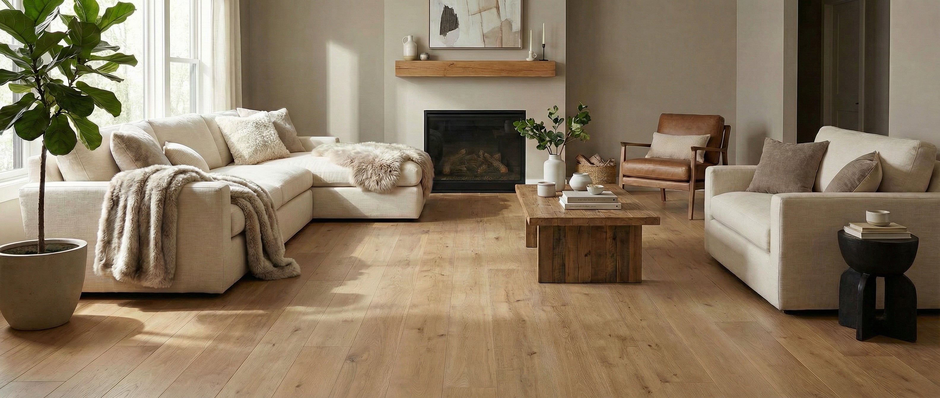 Pièce avec plancher en bois clair, canapé crème, fauteuil cuir. Espace à transformer pour un type tapis gris