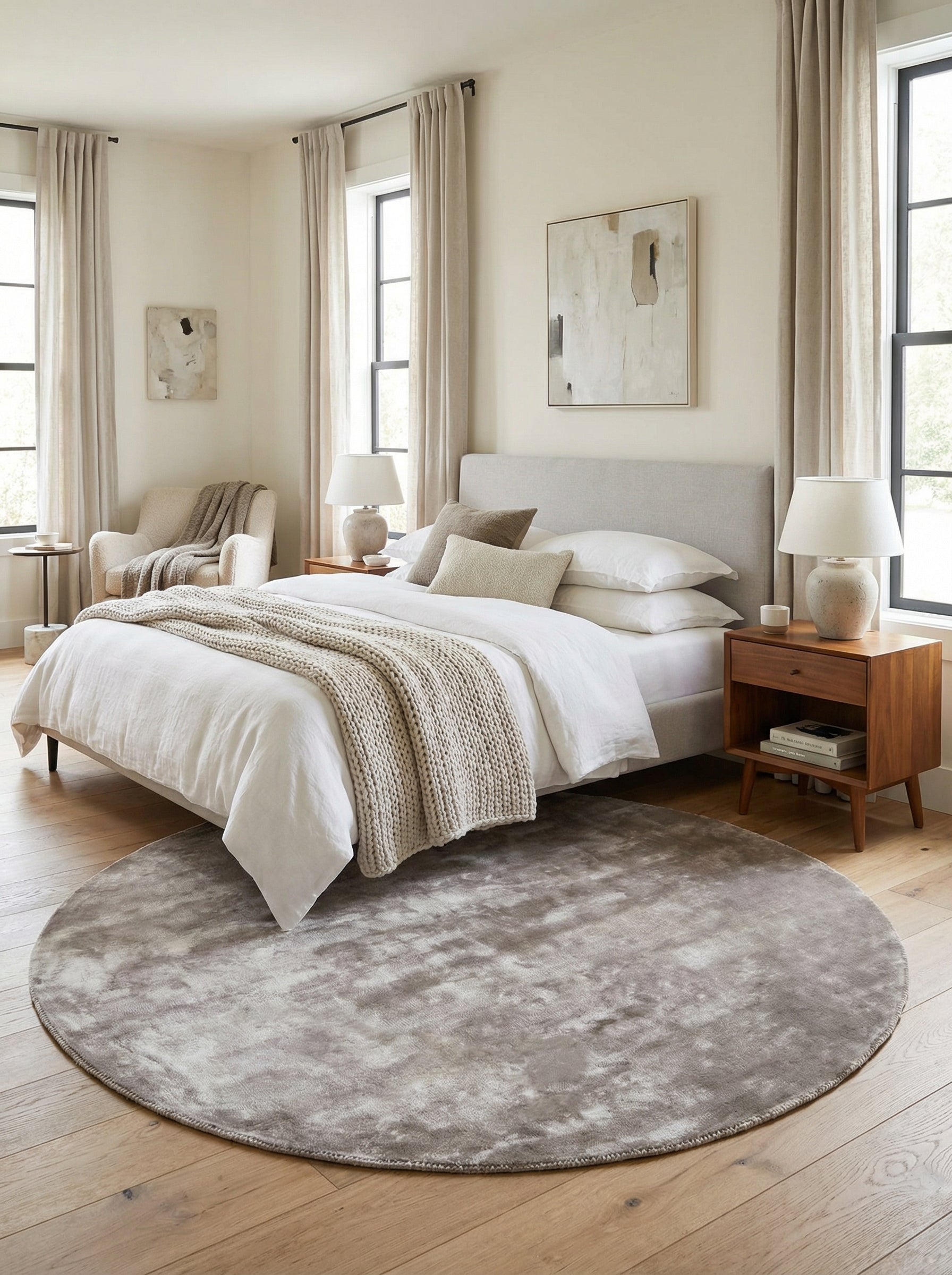 Tapis rond gris ambre en viscose dans une chambre, ambiance apaisante