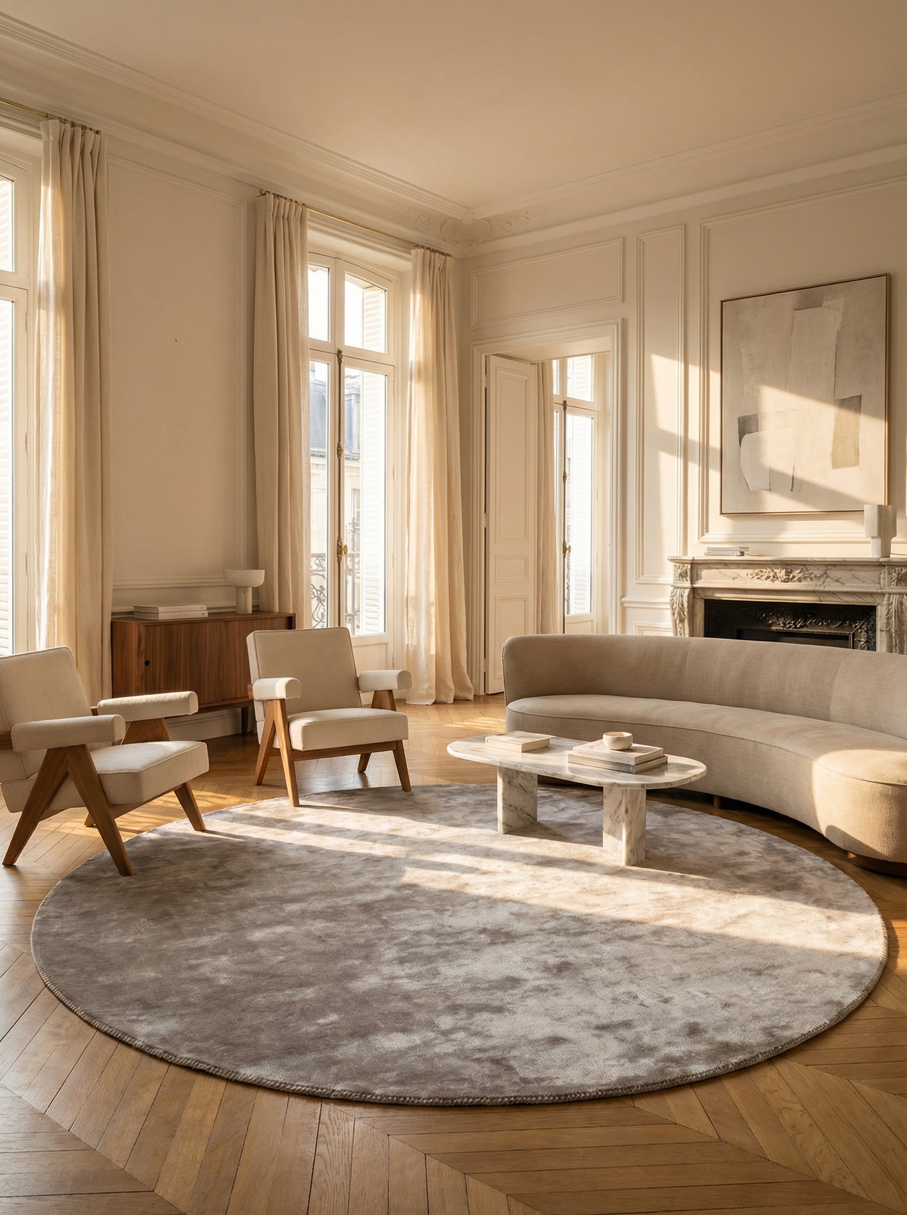 Tapis rond en viscose grise, pièce élégante classique dans un intérieur haussmannien