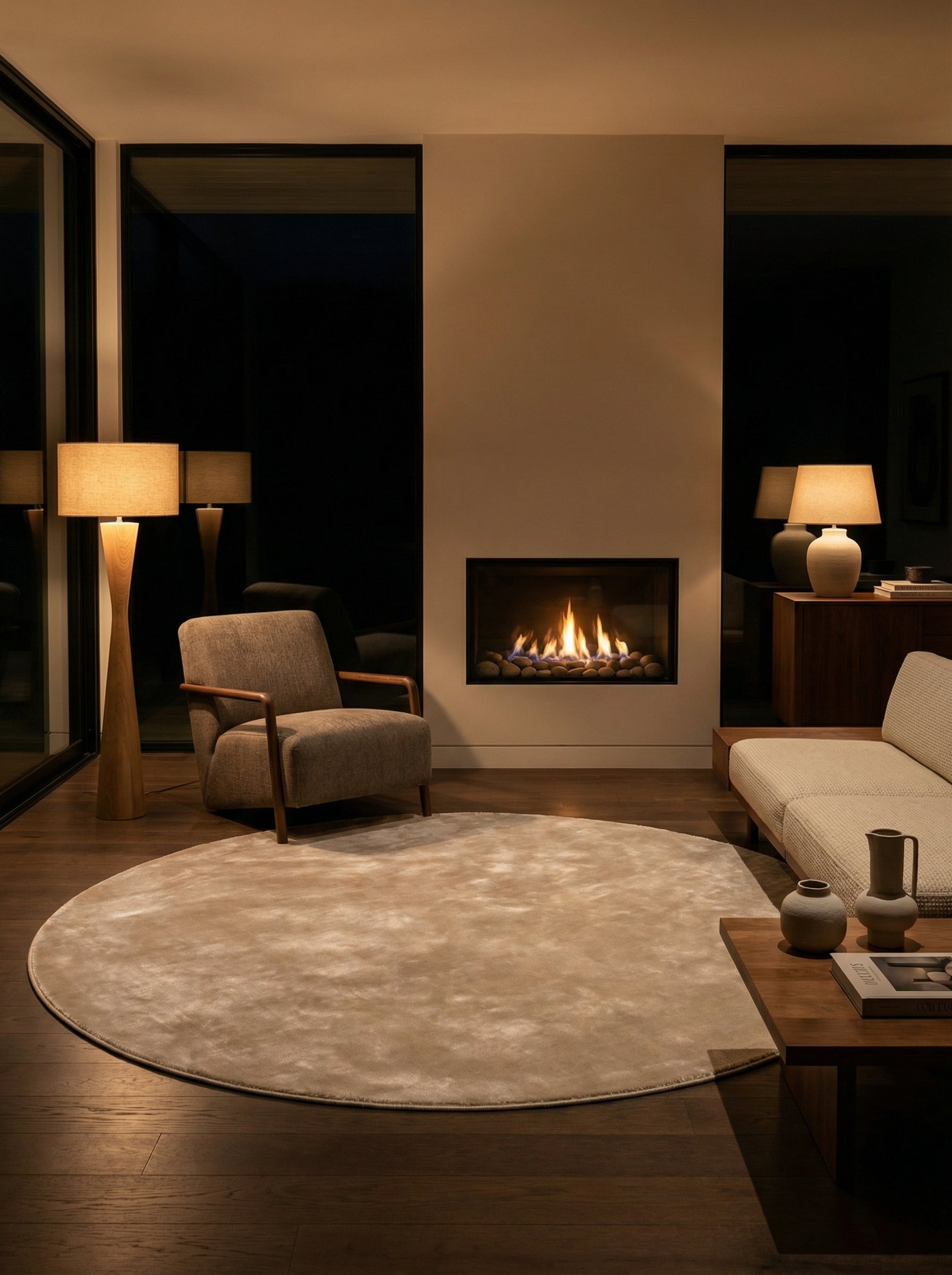 Tapis rond beige, ambiance cosy. Lumière chaude illumine la pièce