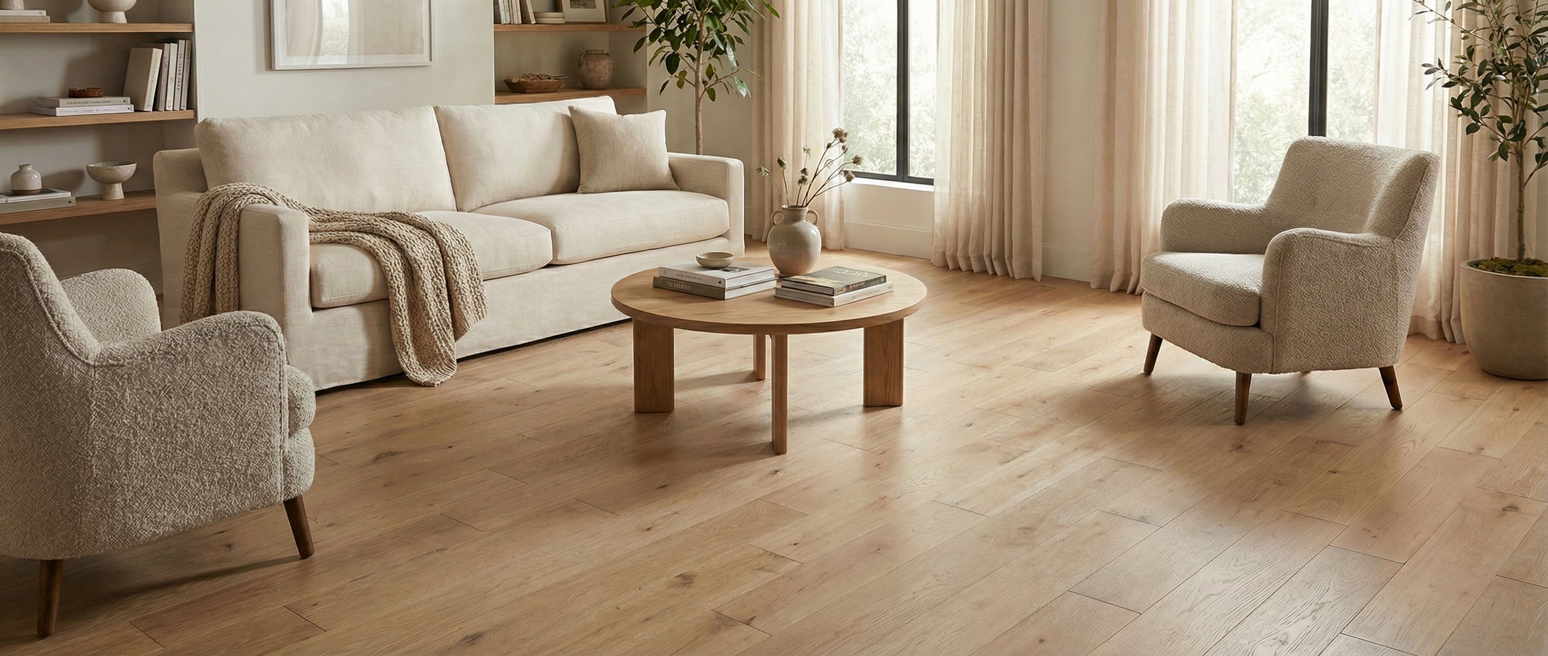 Pièce lumineuse. Canapé et fauteuils beiges. Sol en bois clair. Table ronde. Ambiance chaleureuse. Espace vide pour un tapis