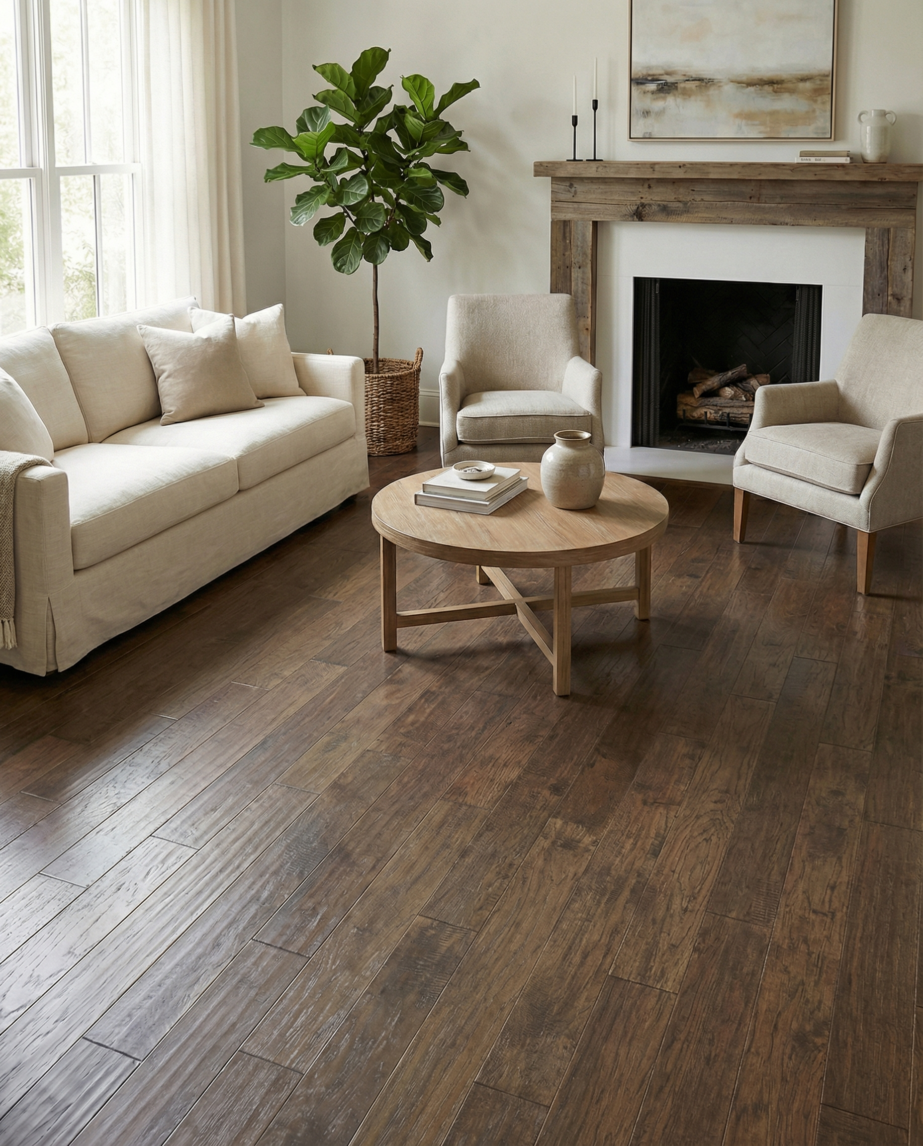 Pièce avec plancher de bois foncé, canapé et fauteuils beiges, table ronde, ambiance chaleureuse