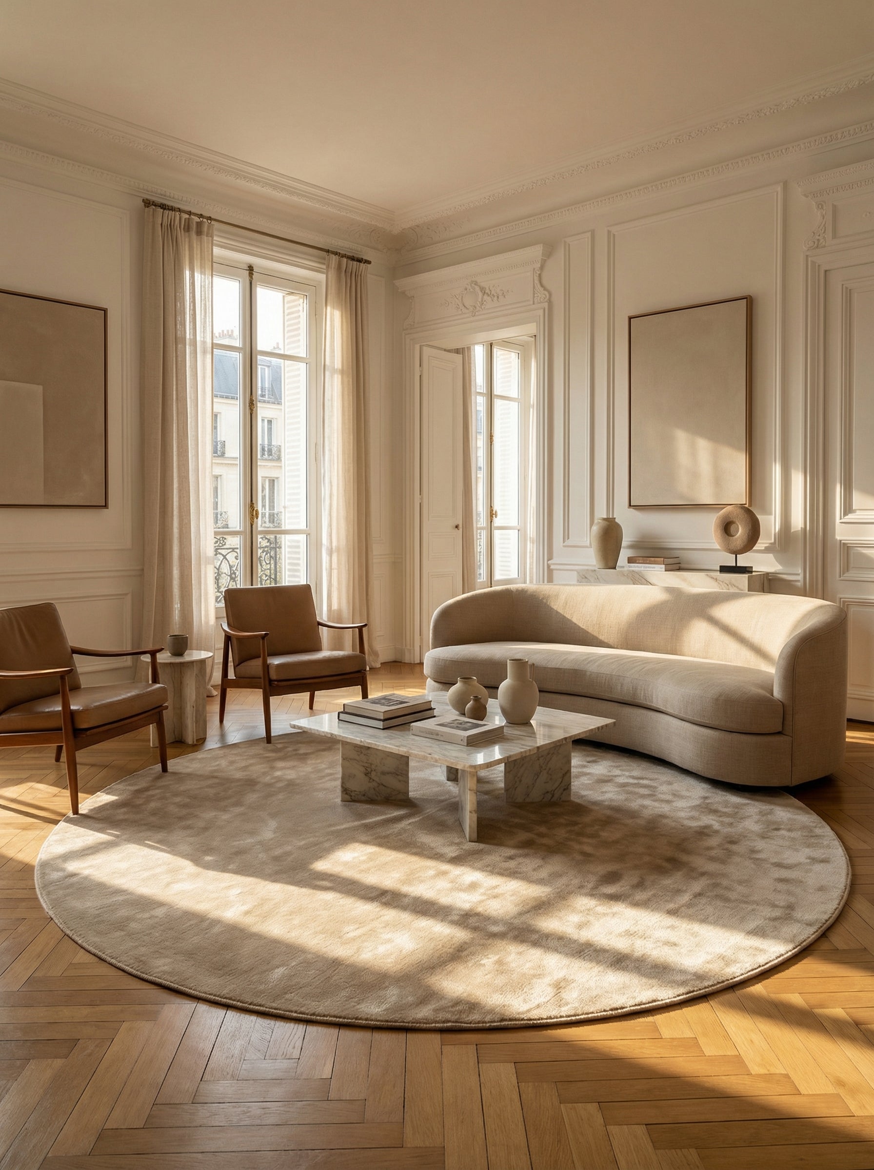 Tapis rond beige dans un salon classique. Élégance et style se marient dans cette pièce baignée de lumière
