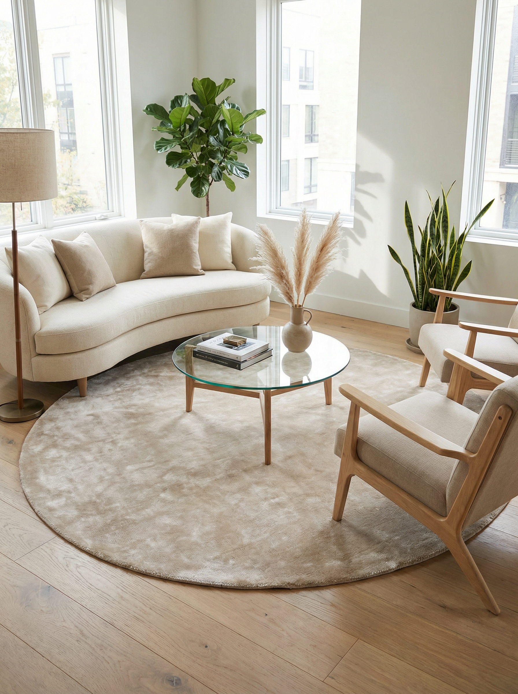 Tapis rond beige dans un salon contemporain au design épuré, ambiance chaleureuse