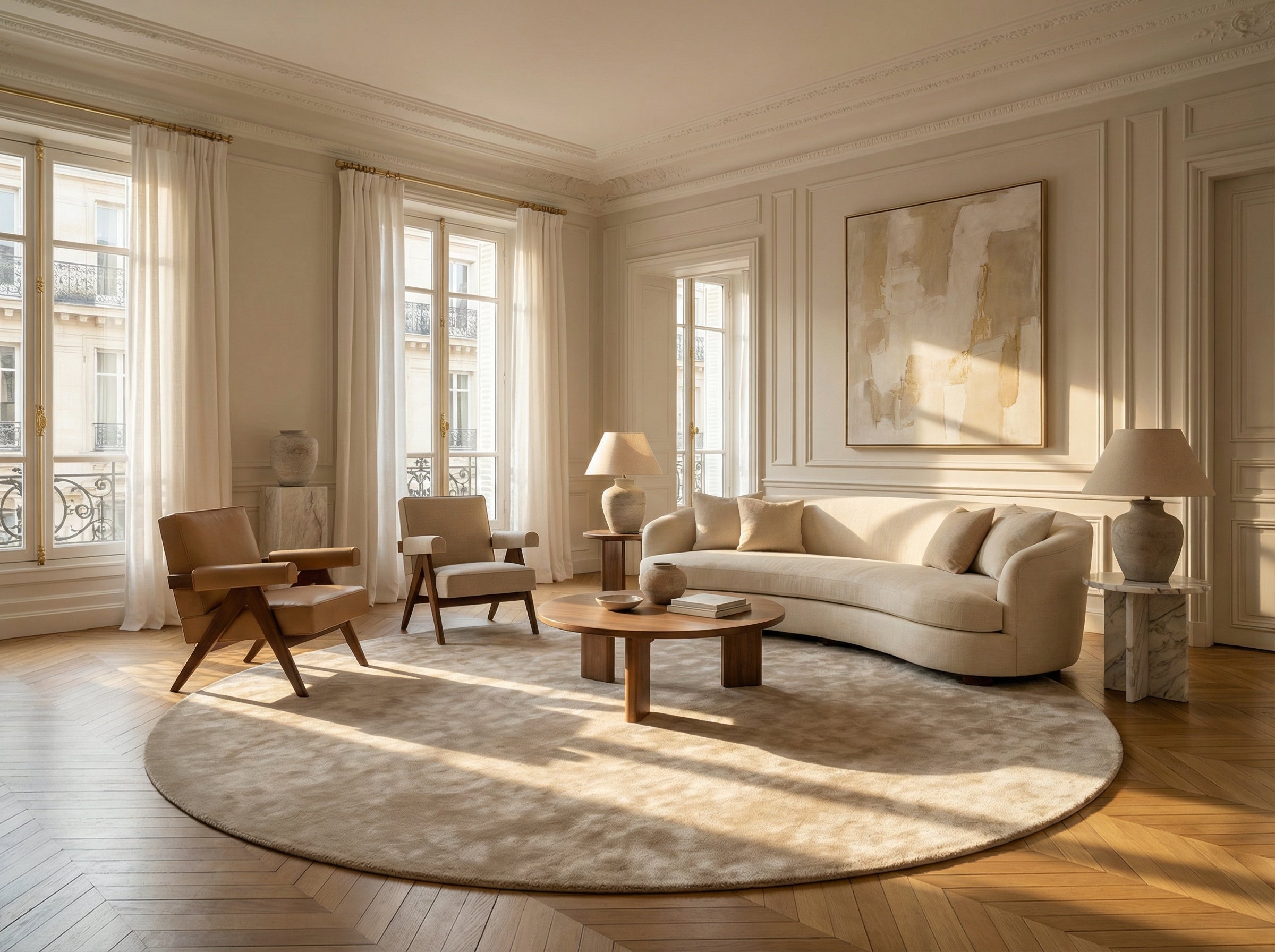Salon décoré, tapis rond beige, ambiance chaleureuse. Style épuré, couleurs douces
