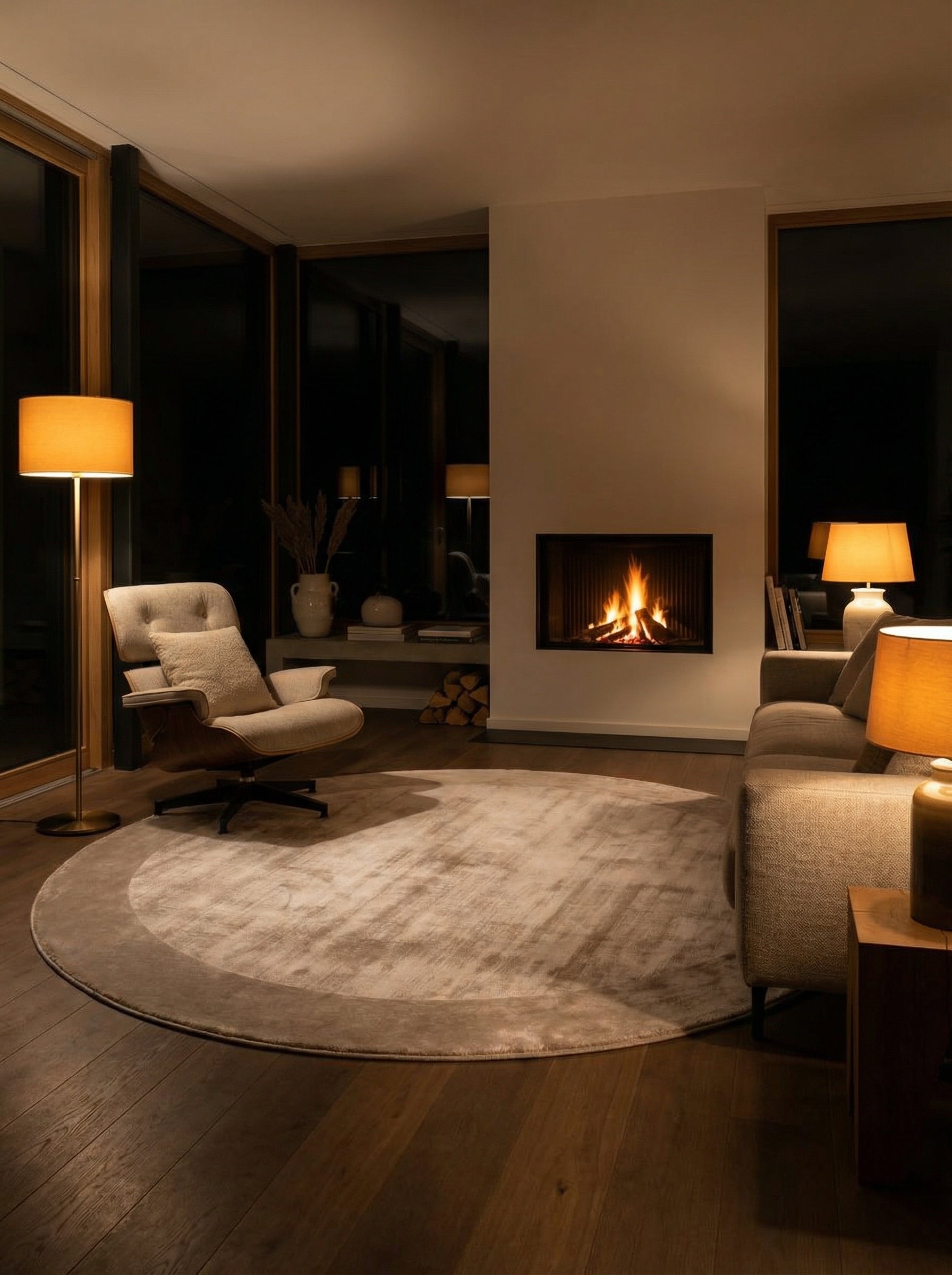 Tapis rond gris argenté, lumière chaude, ambiance cosy dans une pièce sombre