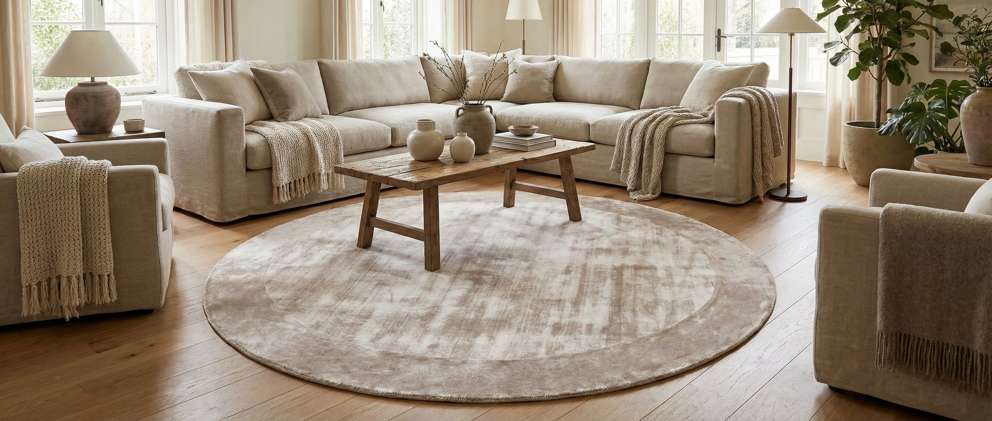 Tapis rond gris argenté. Transformation de la pièce, harmonie créée par les couleurs neutres. Ambiance chaleureuse