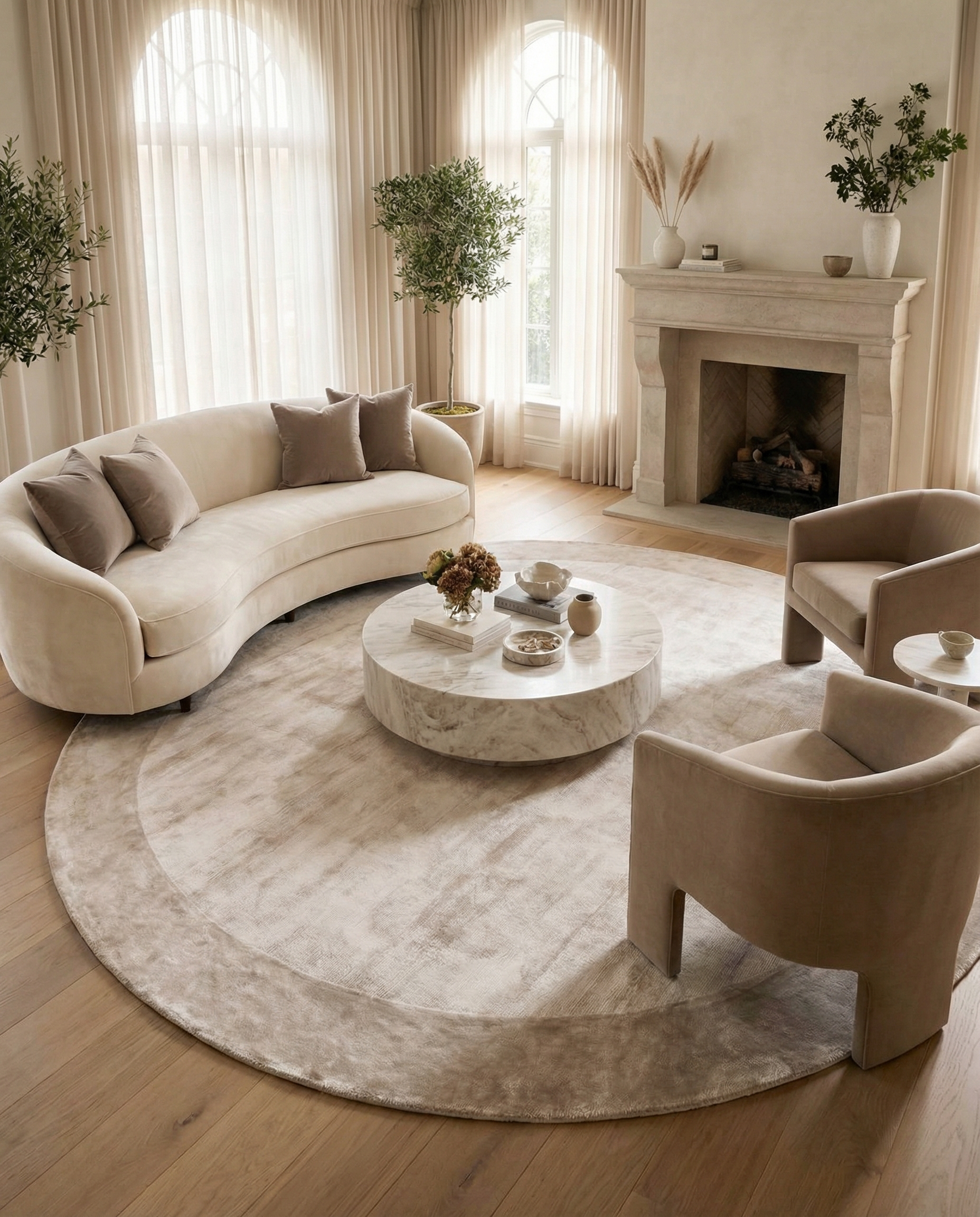 Tapis rond aux tons gris et argentés, adoucissant la pièce et créant une ambiance chaleureuse