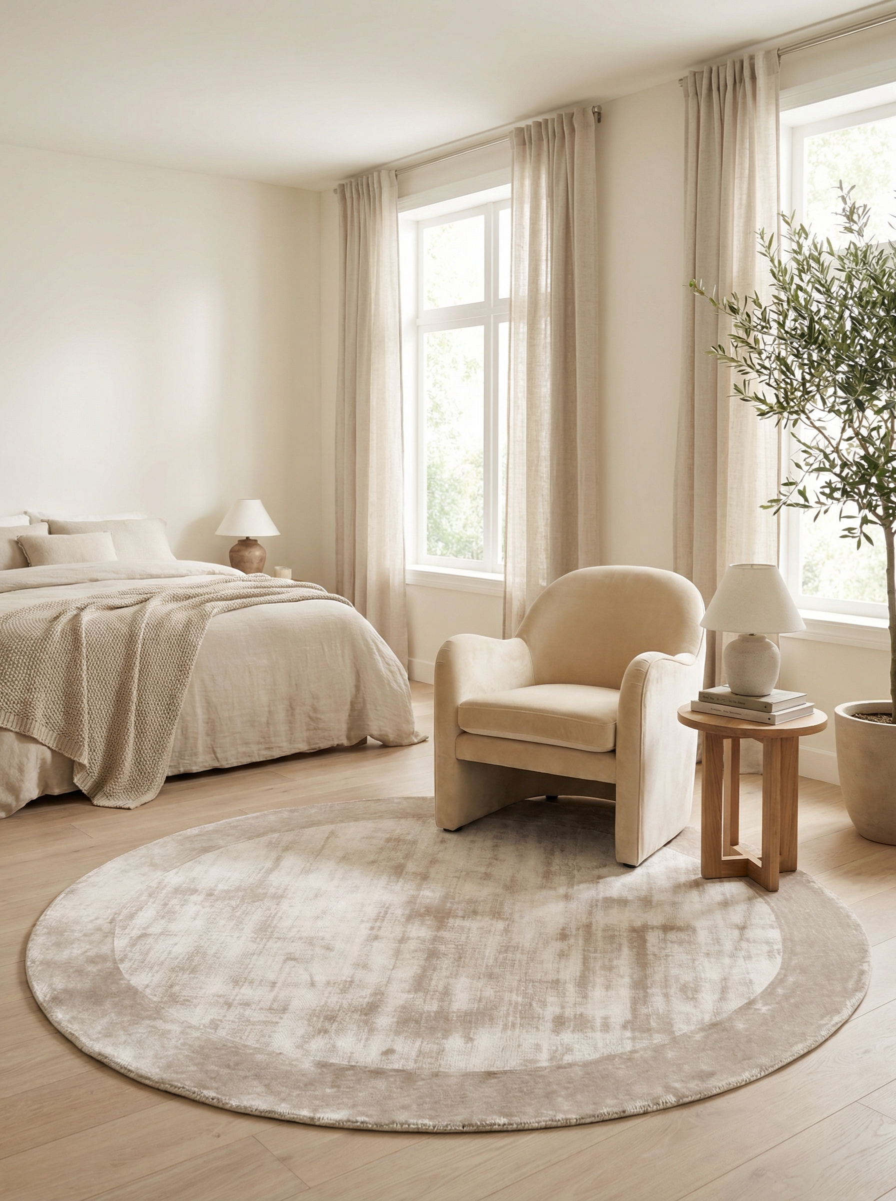 Tapis rond, tons gris et ambre, harmonie dans une chambre. Style épuré, ambiance douce