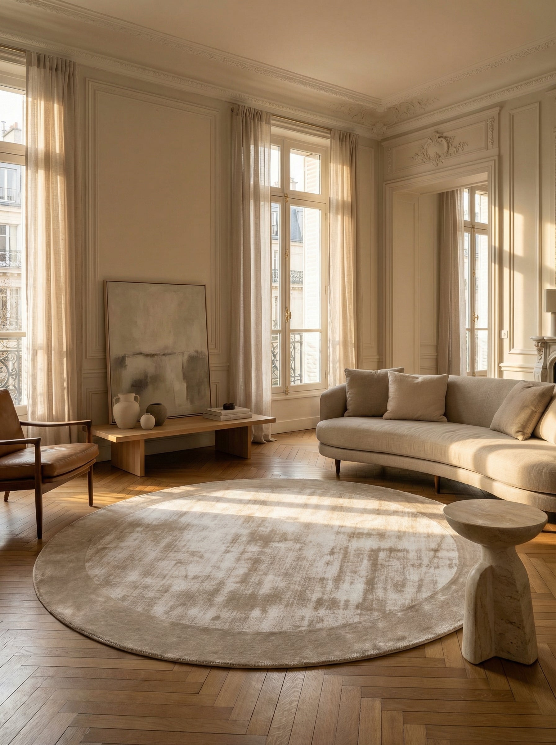 Tapis rond gris et argenté, élégance dans un salon classique. Ambiance feutrée, parquet en bois, style intemporel