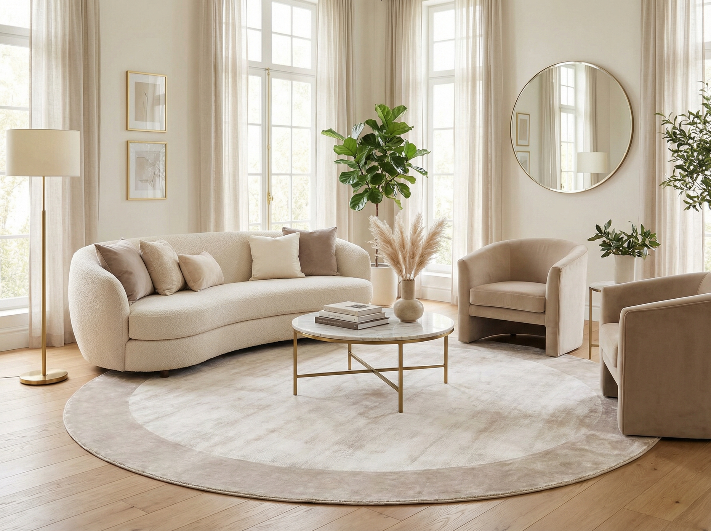 Salon décoratif avec tapis rond gris et argenté, ambiance chaleureuse et lumineuse