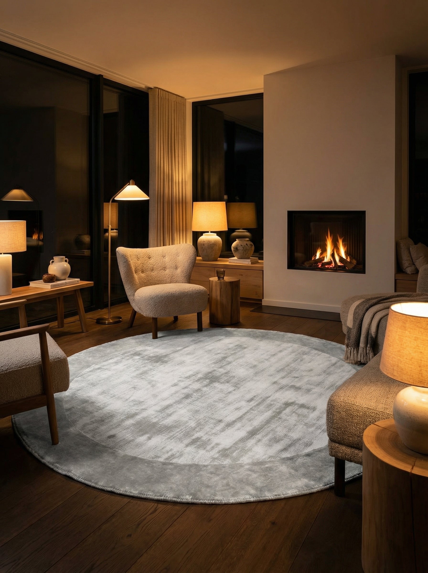 Tapis rond gris perle. Lumière chaude et ambiance cosy dans la pièce