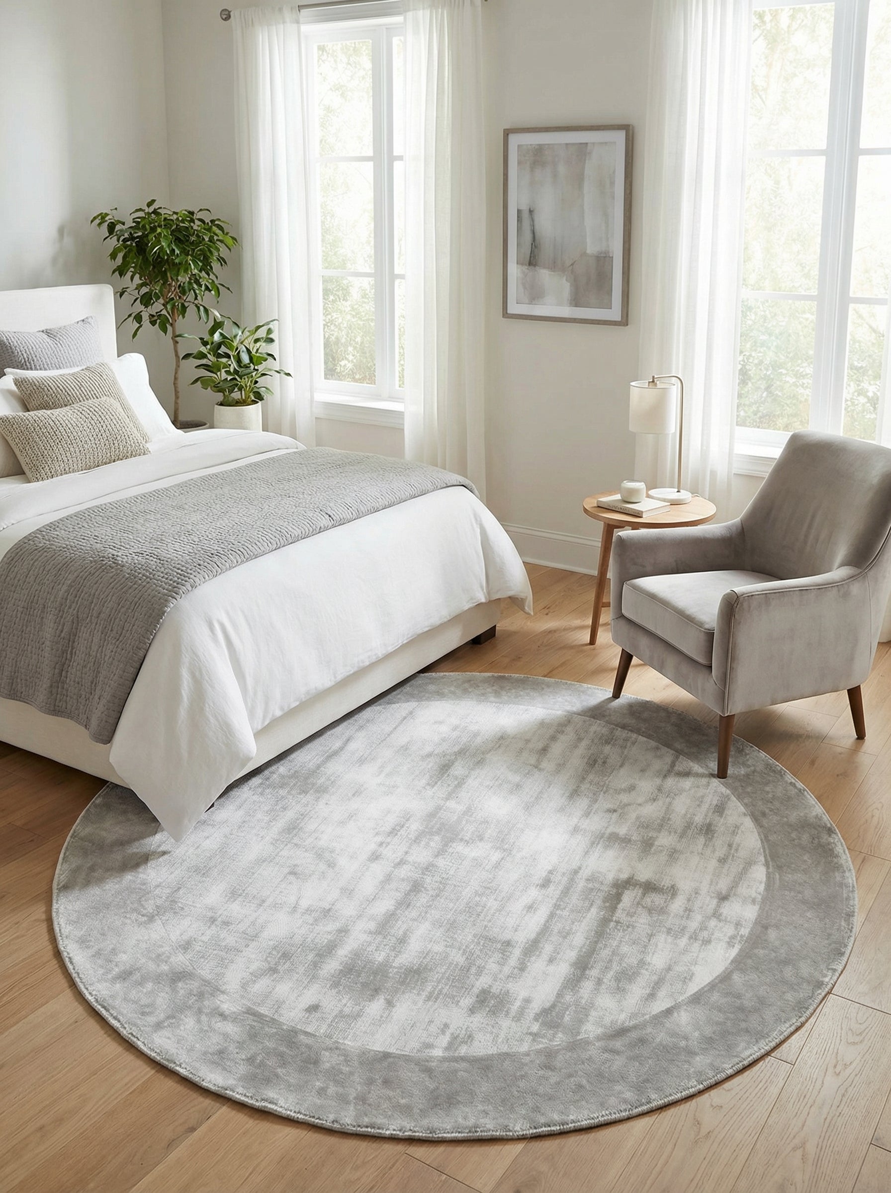 Tapis rond gris clair, harmonie dans la chambre. Style épuré, ambiance douce