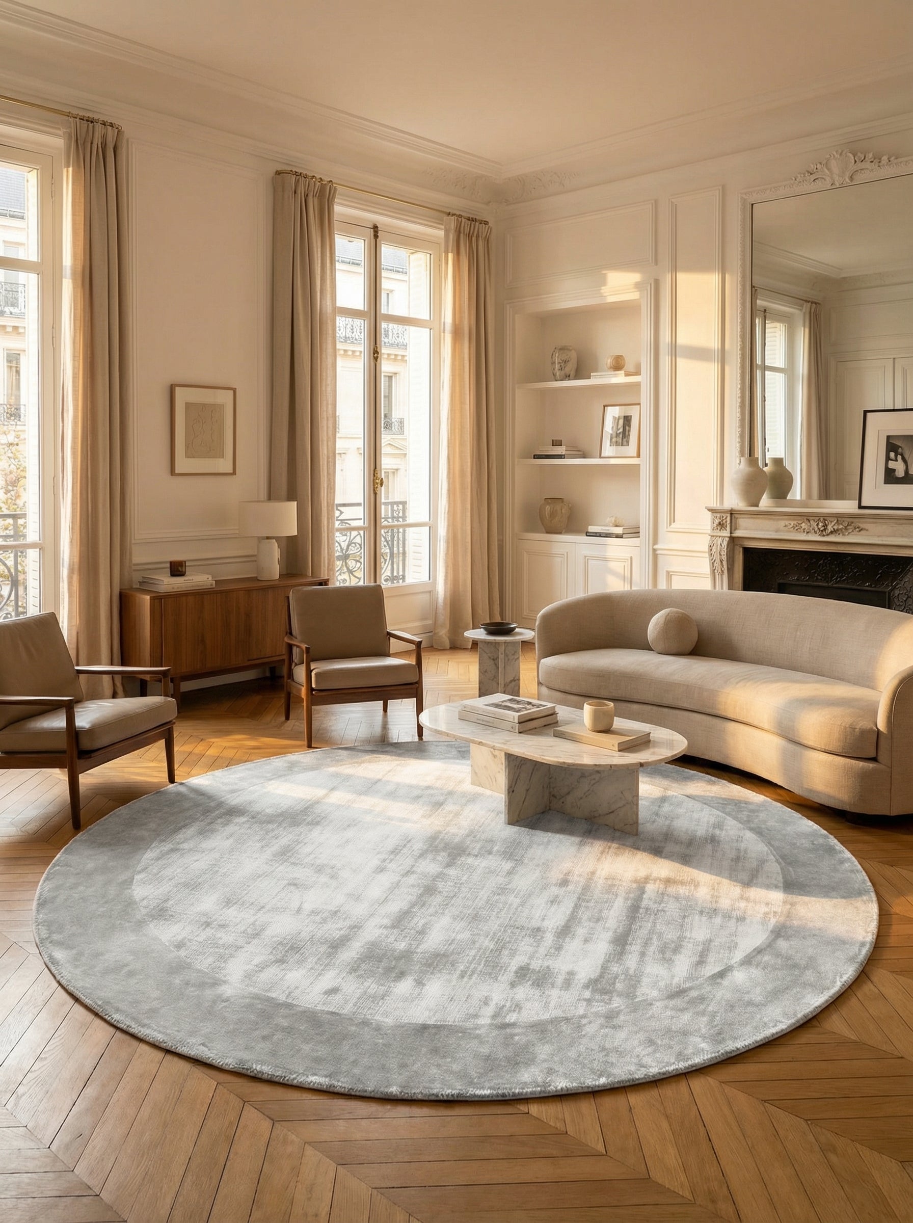 Tapis rond gris perle. Élégance dans un salon classique. Ambiance douce et lumineuse. Style intemporel
