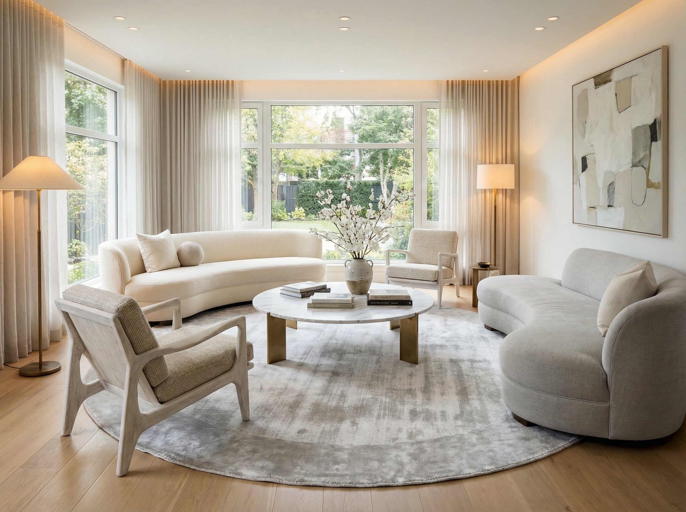 Tapis rond gris perle, style déco épuré, ambiance douce et chaleureuse dans le salon