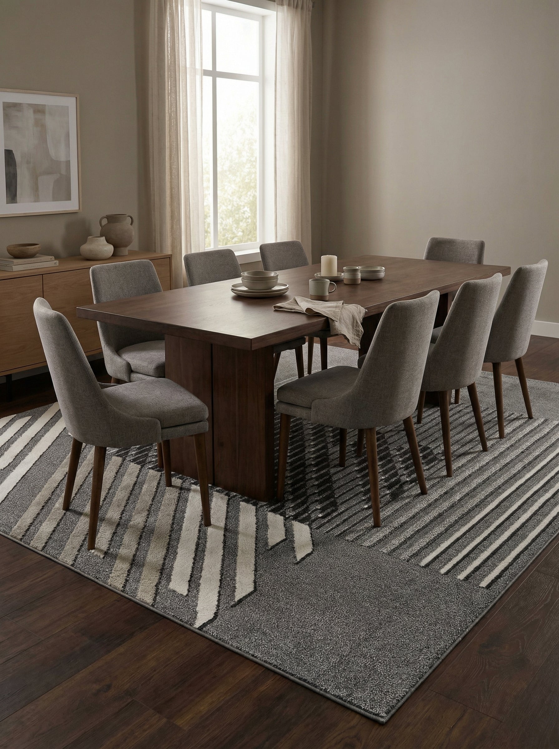 Tapis rectangulaire gris avec motifs géométriques de bandes diagonales claires et texture variée, sous une table de salle à manger