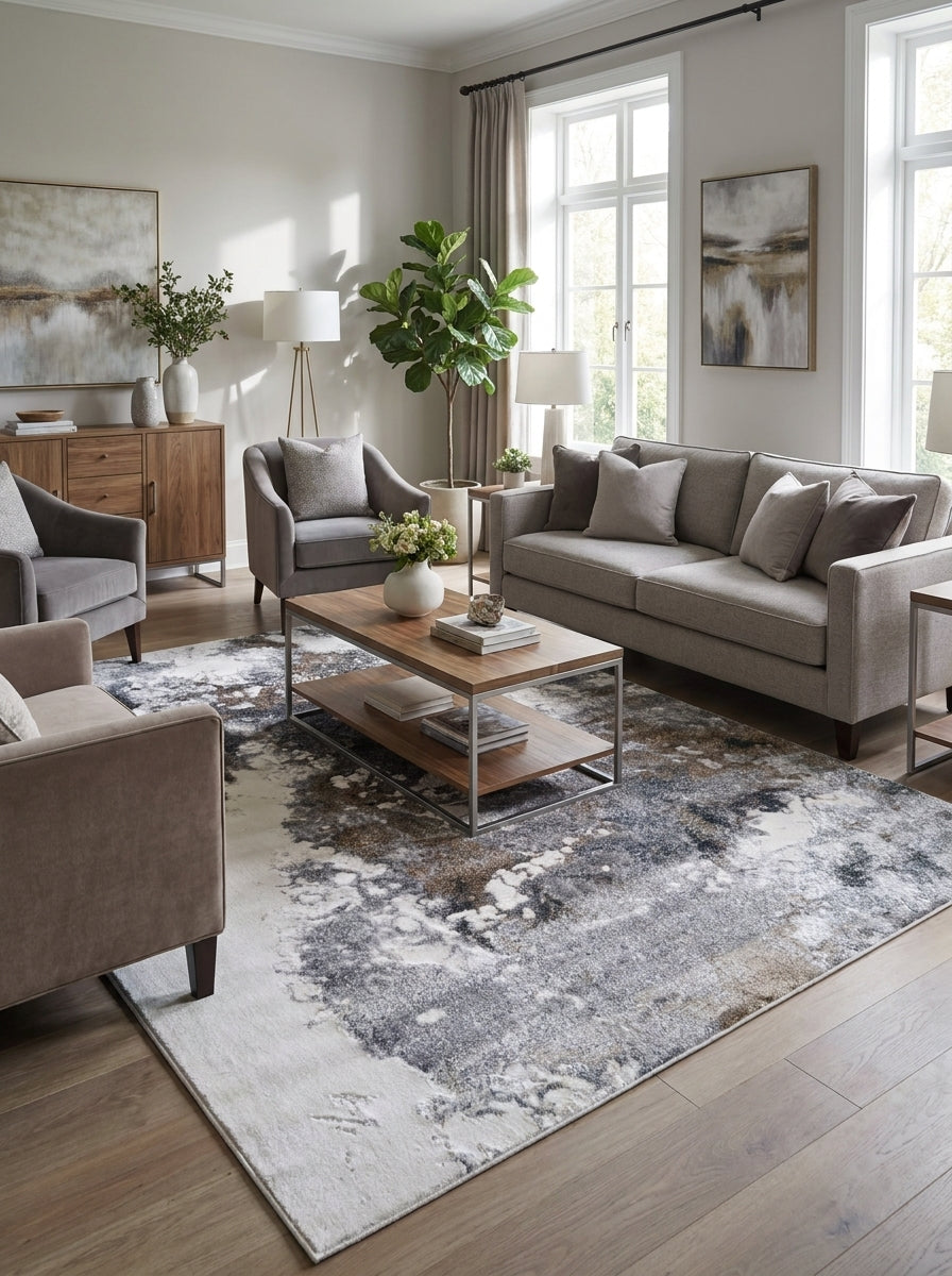 Tapis rectangulaire à motifs abstraits marbrés gris, blancs et bruns clairs, embellissant un salon contemporain